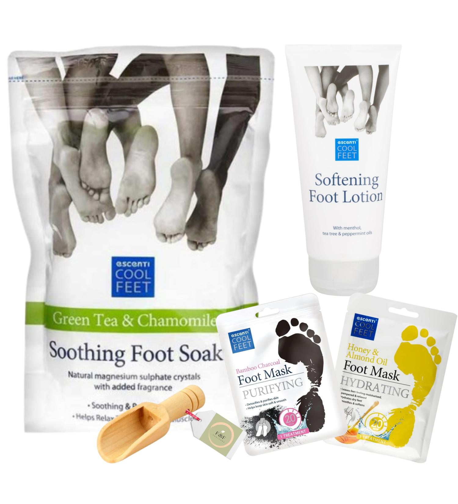 Foot Care Kit Bundle with Escenti Foot Soak for Home Spa Softening Foot Lotion & 2x Foot Mask Set with exclusive F&F Footcare Natural Wooden Scoop - To Relax and Refresh Tired Feet at Home - Buy Online on SooperMarket.com