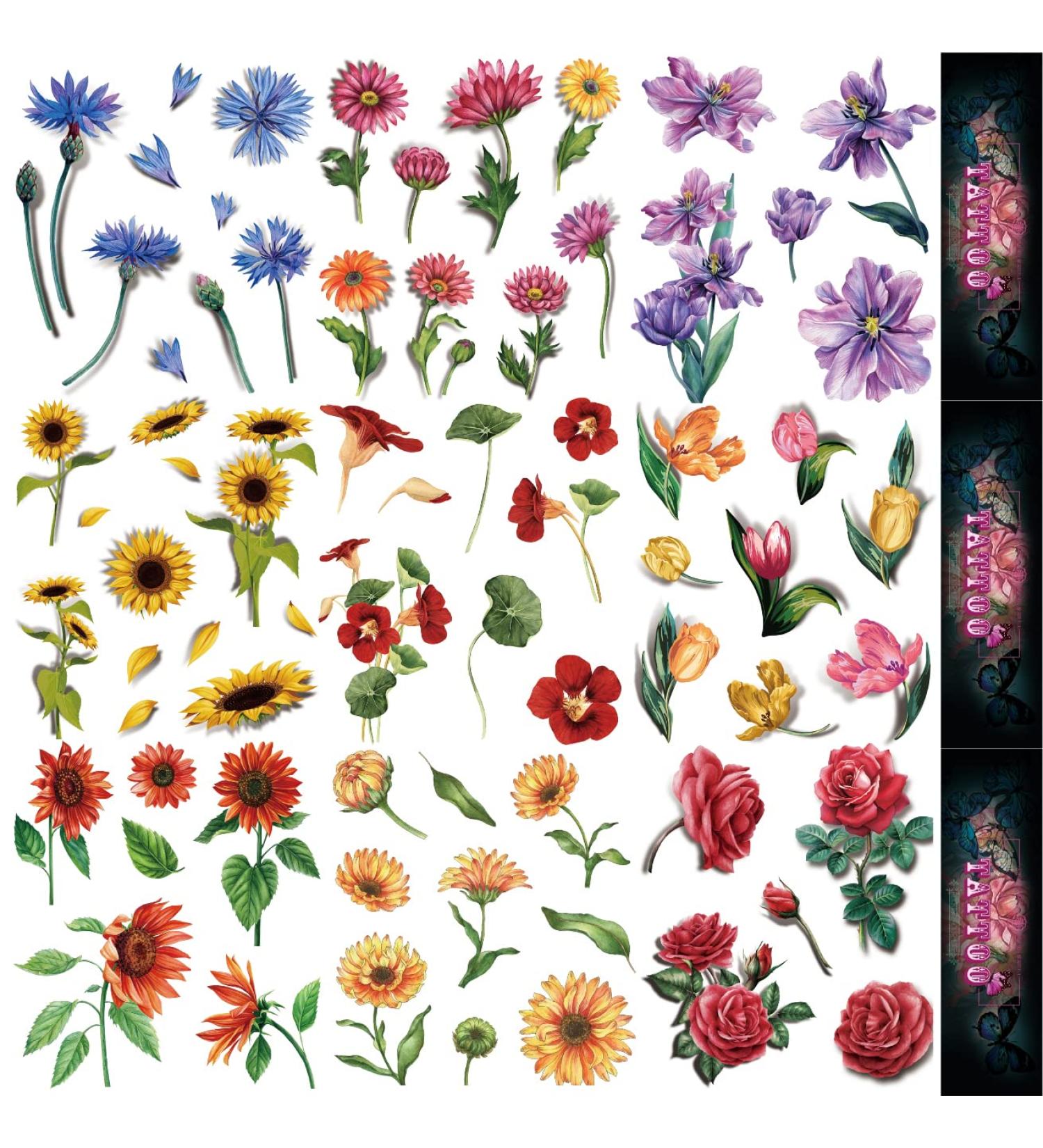 Oottati Waterproof Temporary Tattoo Stickers - 9 Sheets | Tulip, Sunflower, Rose, Nasturtium, Chrysanthemum Designs - Buy Online on SooperMarket.com