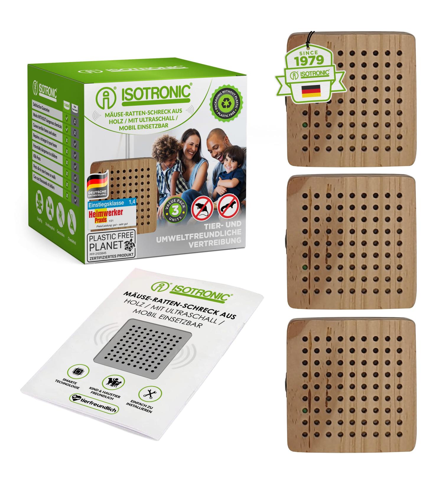 ISOTRONIC Mouse Defense: Ultrasonic Pest Control in Wooden Housing | Chemical-Free Rat Repellent for Home Basement & Garden | 3-Piece Set - Buy Online on SooperMarket.com