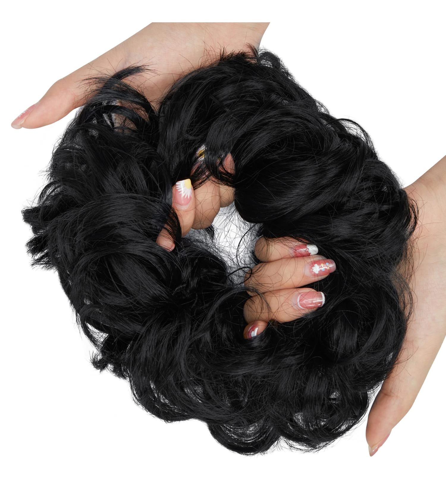Messy Bun Hair Scrunchie Extension | Curly Wavy Updo Synthetic Chignon Ponytail Accessory - Dark Black | Women Girls - 1 PCS - Buy Online on SooperMarket.com