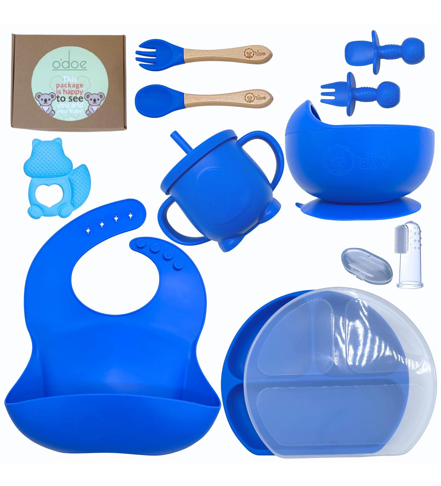 O'doe Baby Weaning Set (14 Pcs) | Silicone Suction Plate and Bowl | Self-Feeding Utensils, Spoons, Bibs | Toddler Food Plate Kit | Blue - Buy Online on SooperMarket.com