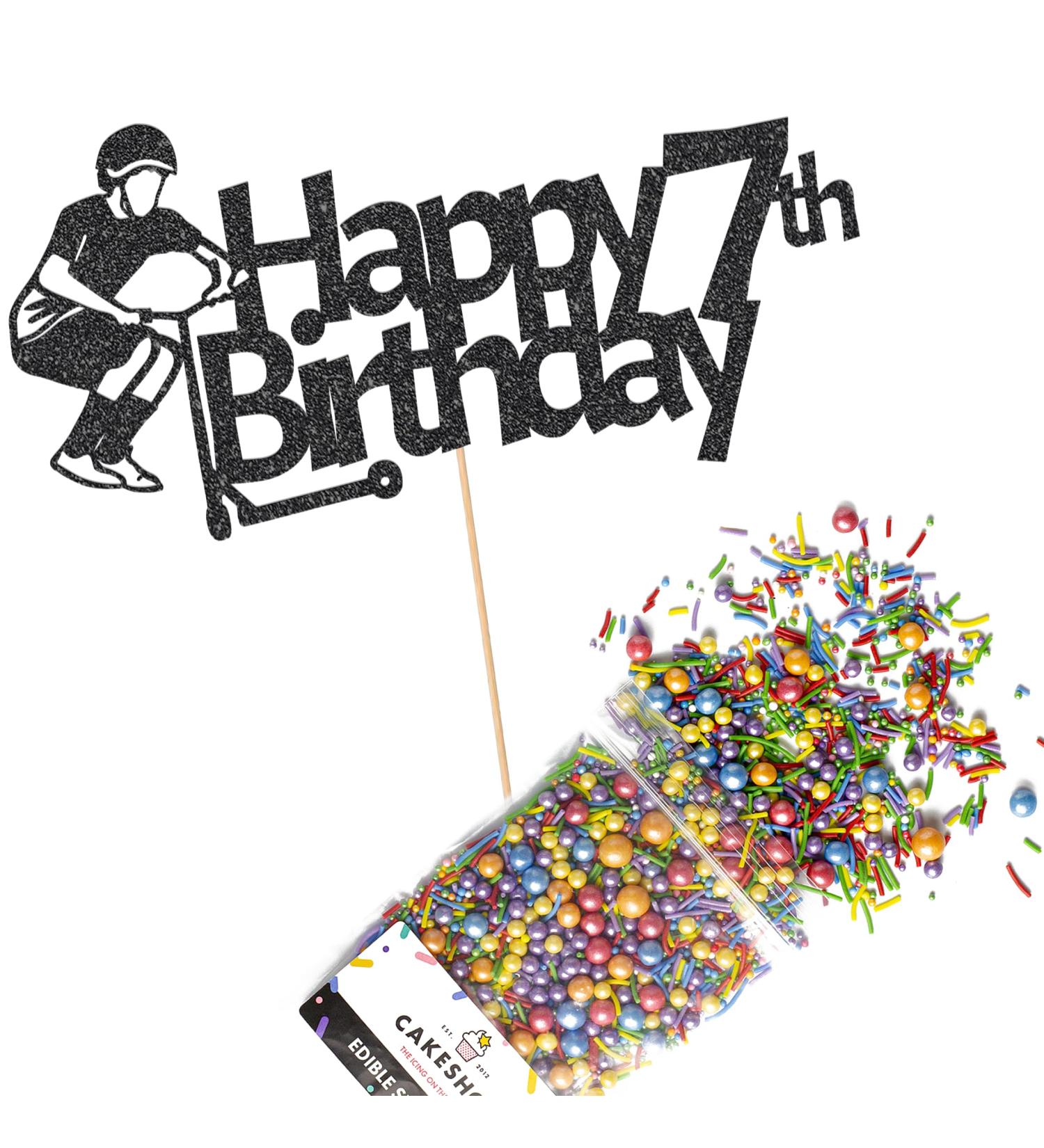 Cakeshop Cake Decoration Pack | Scooter Birthday Theme Premium Double Sided Glitter Card Cake Topper Sign & 25g Party Pack of Cake Sugar Sprinkles | Custom Age Cake Decorations (Black) Non-Prime Glitter Card: Black - Buy Online on SooperMarket.com