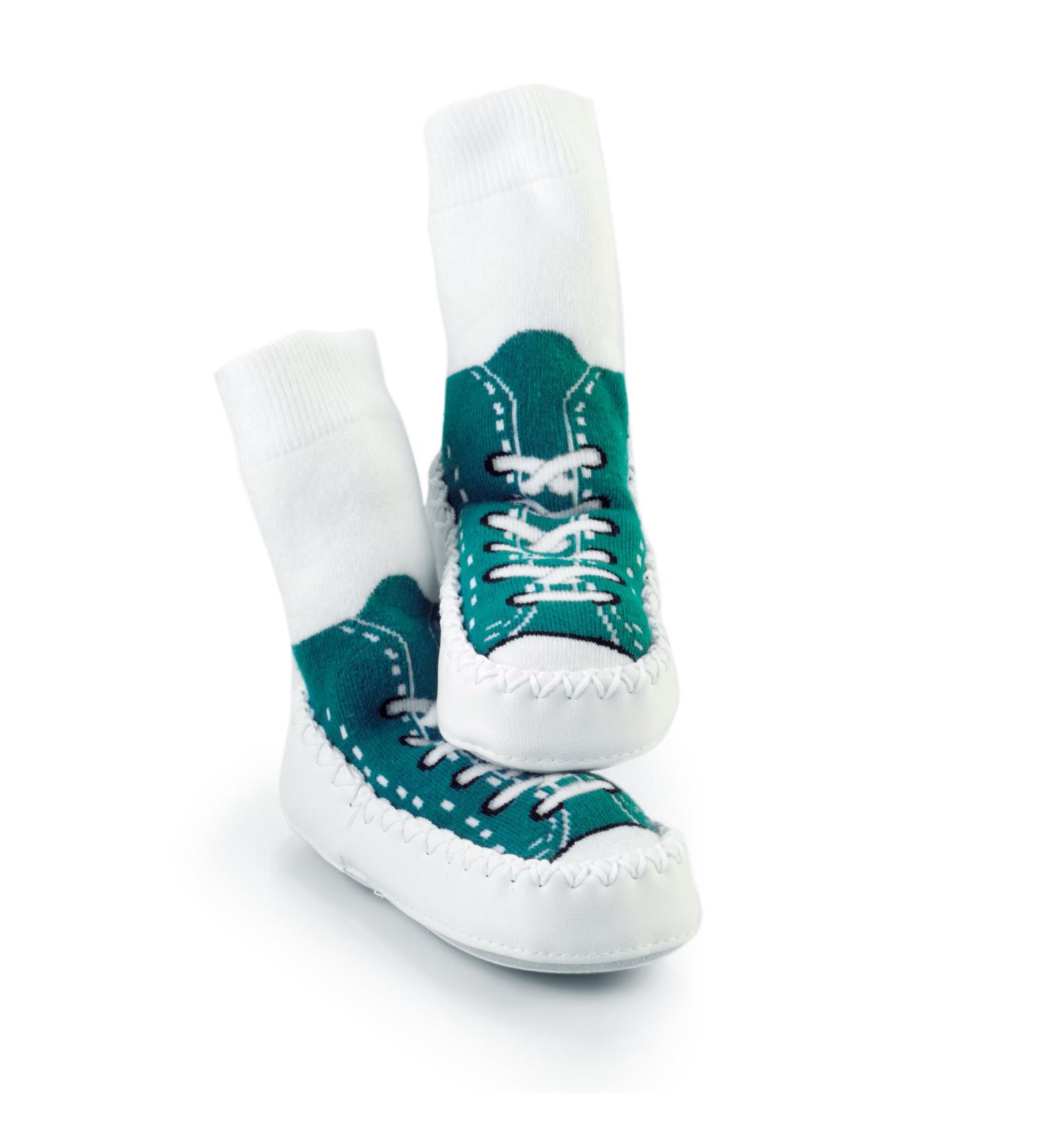 Mocc Ons moccasin washable leather sole slipper socks (18-24 Months Sneaker Turquoise) 18-24 Months Sneaker Turquoise