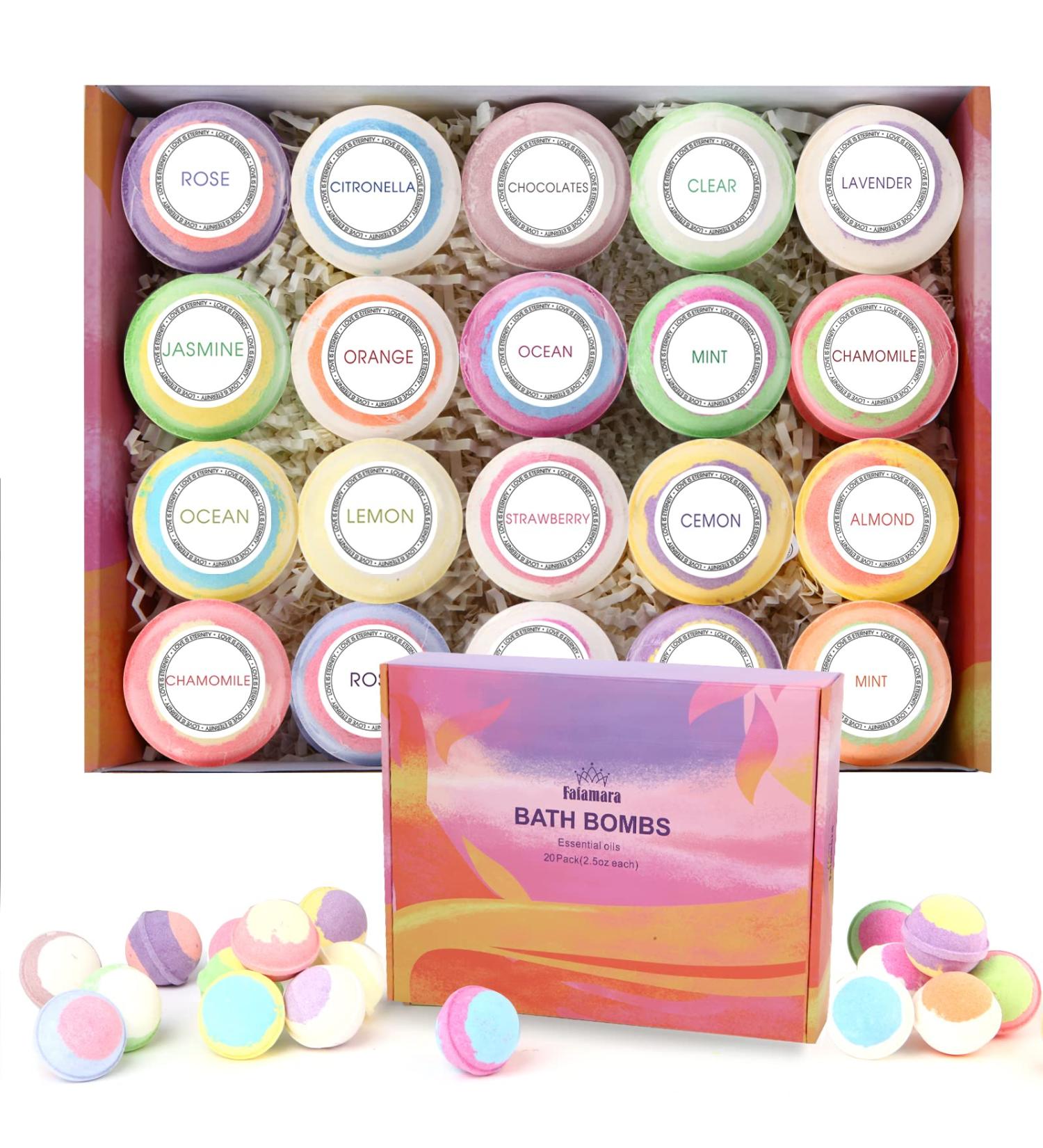Fafamara Bath Bombs Gift Set - 20 Organic Handcrafted Essential Oil Fizzy Balls for Relaxation and Stress Relief - Ideal Birthday Gift for Her/Him - Buy Online on SooperMarket.com