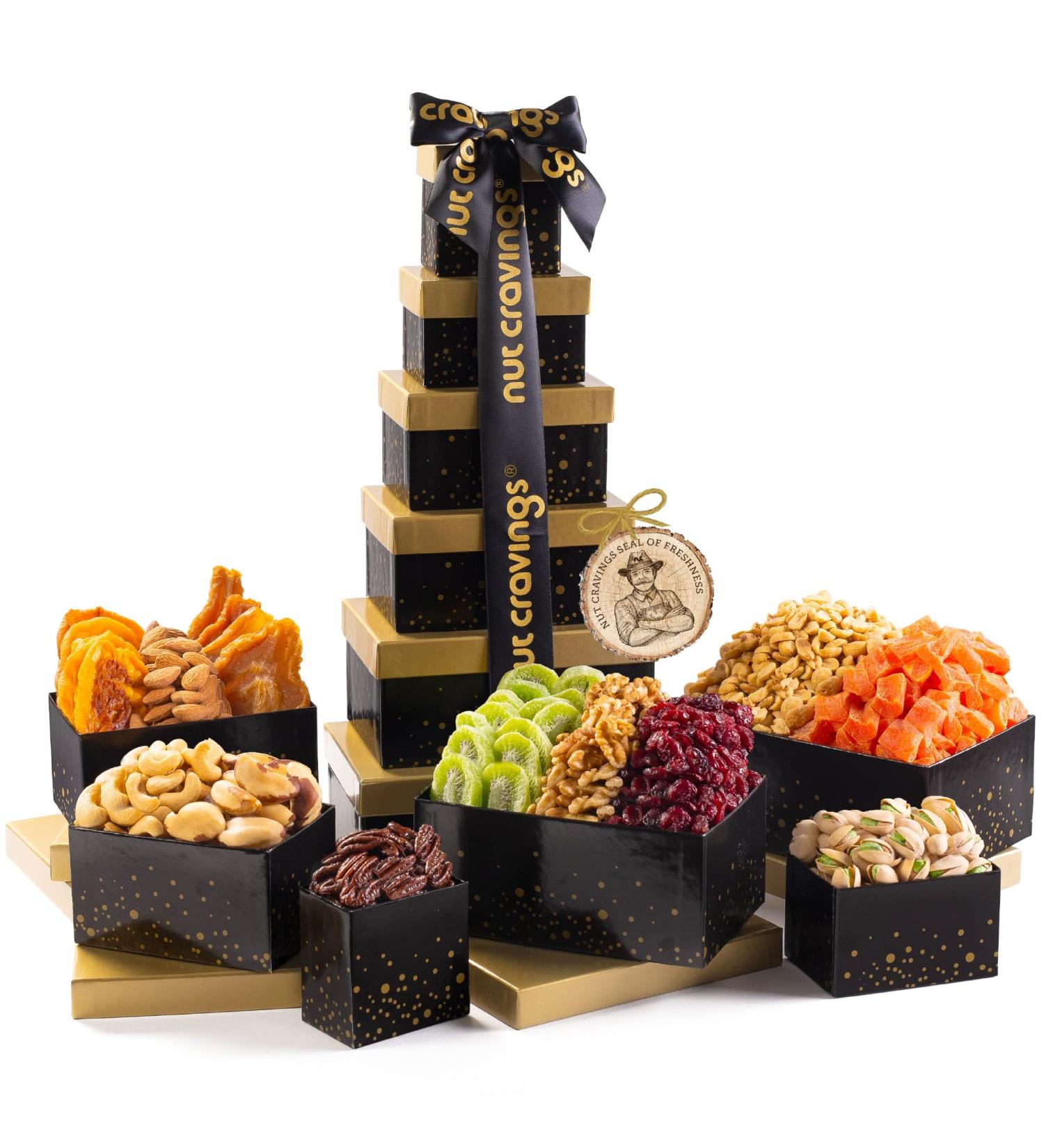 Dried Fruit & Nuts Gift Basket Black Tower (12 Assortments) - Holiday Christmas Gourmet Bouquet Arrangement - Birthday Care Package for Men & Women - Healthy Kosher Snack Box with Assorted Fruits & Nuts - Buy Online on SooperMarket.com