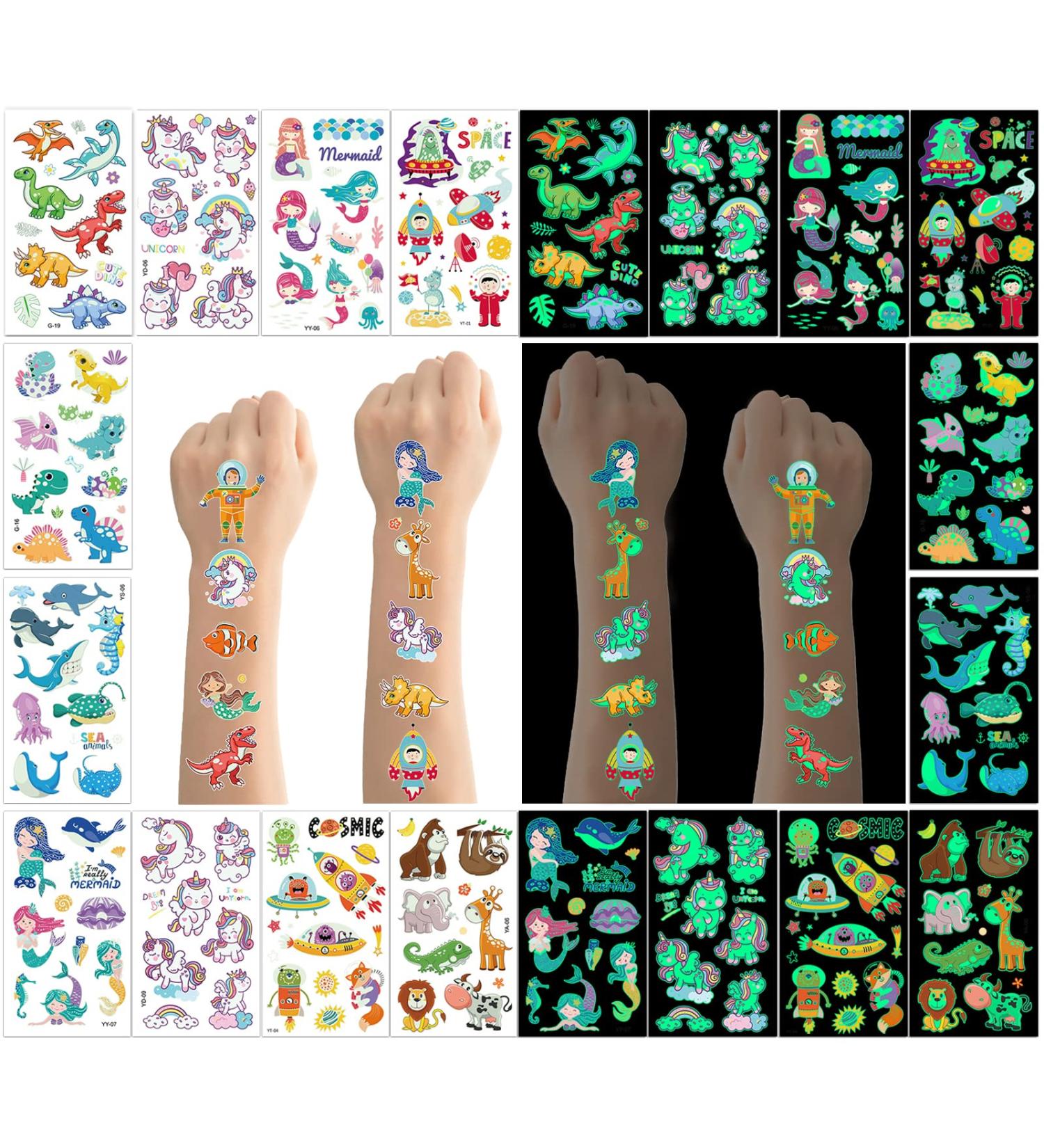 350+ Glow In The Dark Temporary Tattoos for Kids - Waterproof Luminous Fake Tattoo Sticker Assortment with Dinosaur, Unicorn, Mermaid, Space, Sea Animals - Boys and Girls - Buy Online on SooperMarket.com