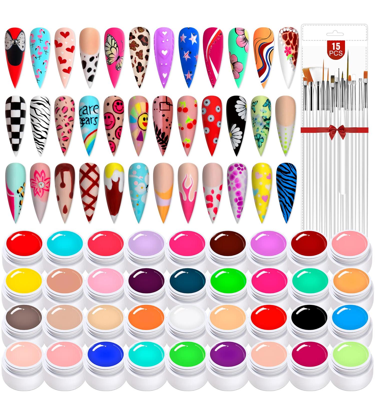 Saviland Gel Paint Kit - 36 Colors Rainbow Candy Gel Nail Polish Set with 15 Nail Brushes - Buy Online on SooperMarket.com