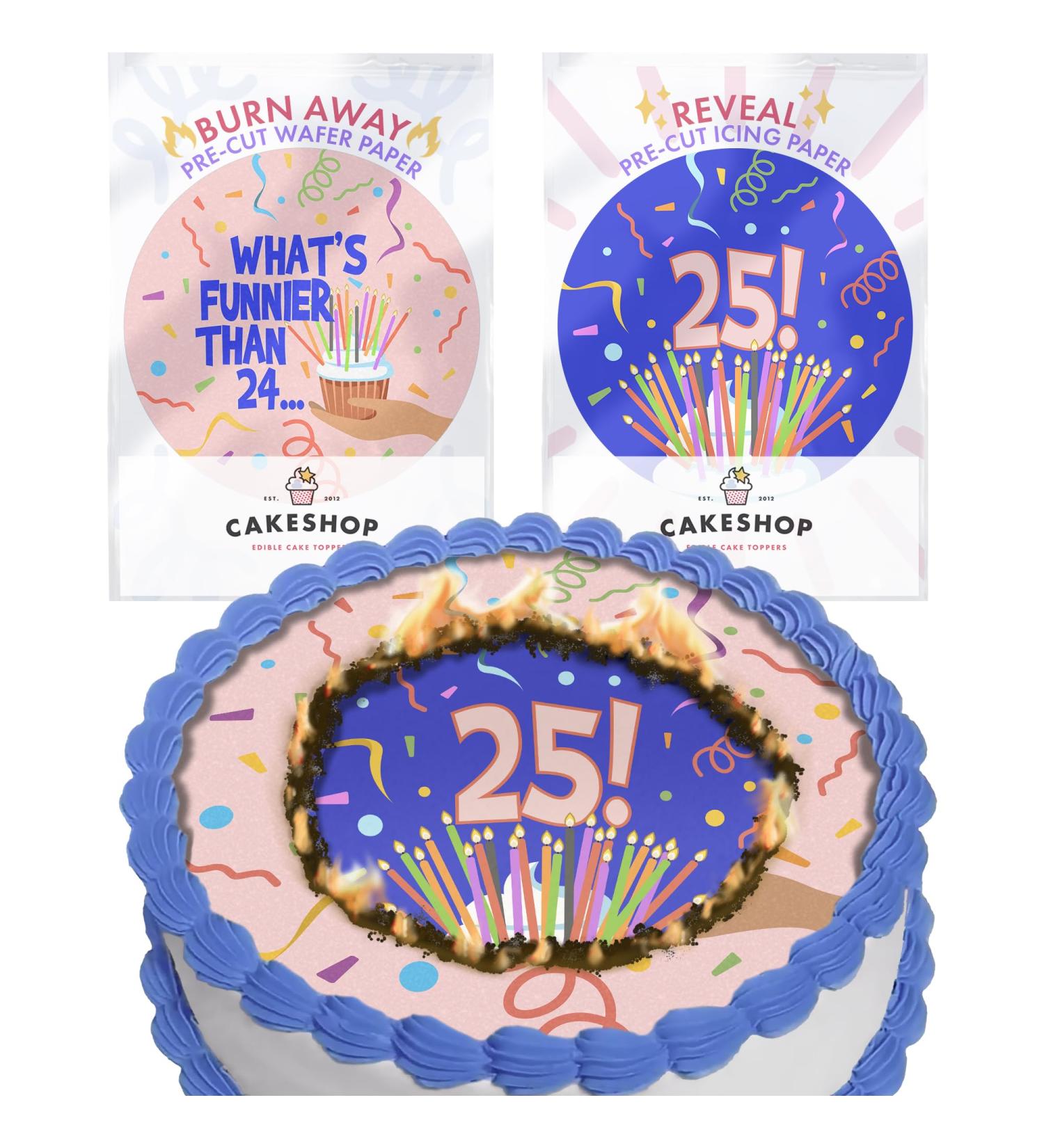 Cakeshop Burn Away Cake Edible Topper Pack | 1 x Icing sheet & 1 x Wafer Sheet | 'What's Funnier Than' Joke For Him or Her | Customise With Your Required Ages | Multiple Shapes & Sizes to Choose Prime