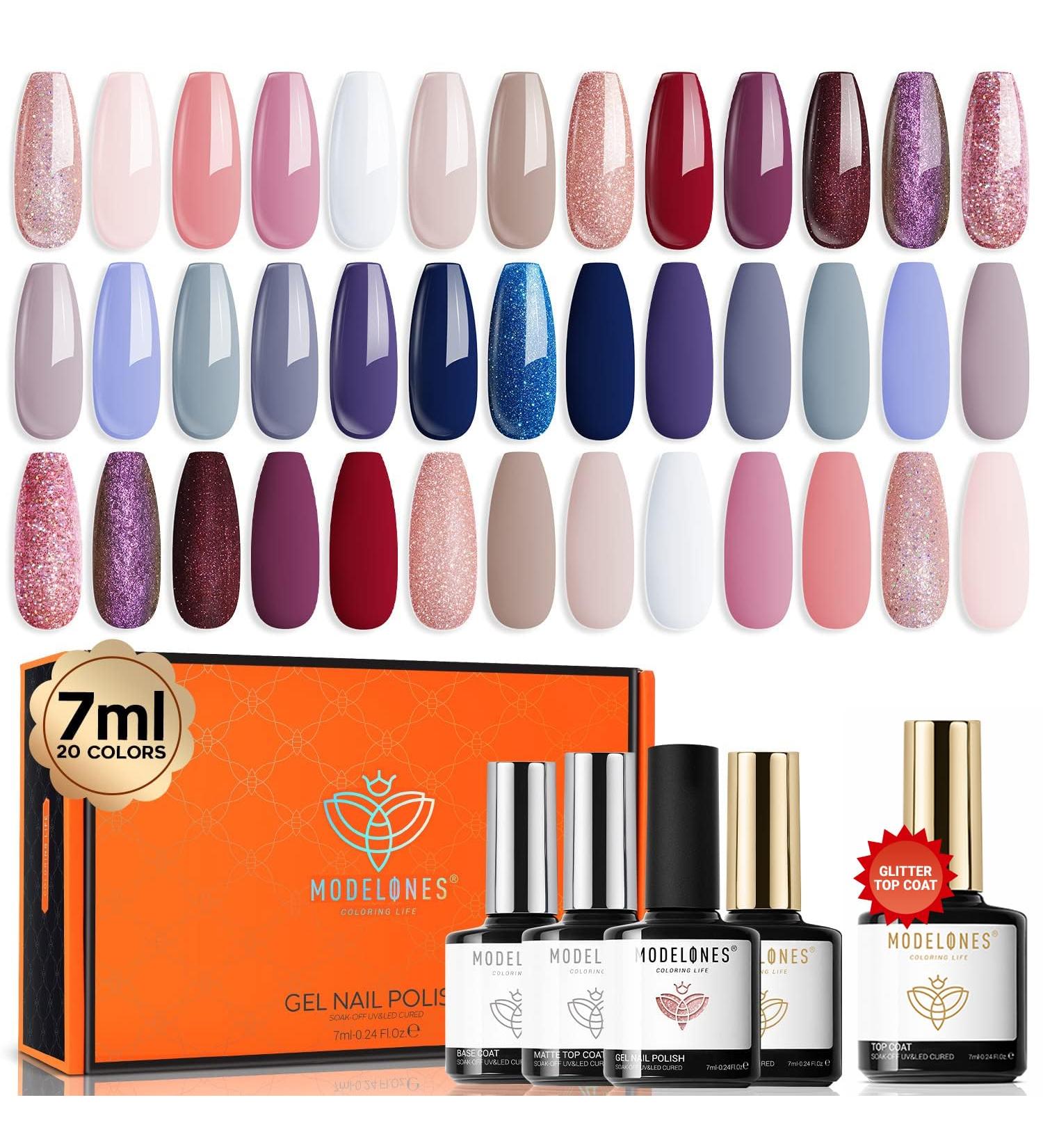 Modelones Gel Nail Polish Kit 20 Colors Nude Gel Polish Set White Glitter Pink Navy Blue Chameleon with Glitter Glossy&Matte Top Base Coat Nails Art Starter Manicure Home DIY Gifts Pink Blue - Buy Online on SooperMarket.com