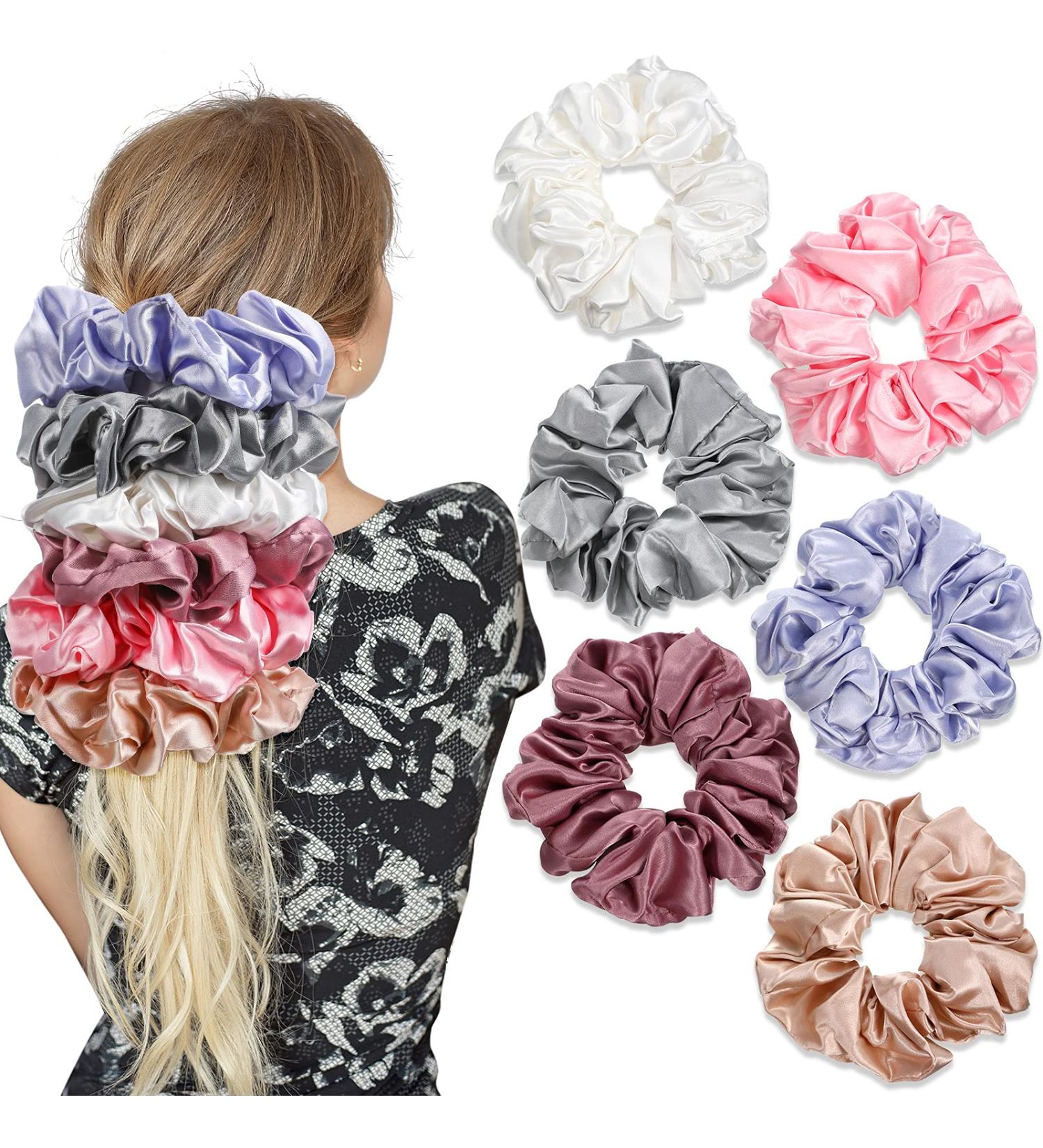 6-Piece Oversized Satin Hair Tie Set - Soft Silk Elastic Ponytail Holders for Girls in Champagne White Silver Gray Light Pink Bean Red Light Blue - Buy Online on SooperMarket.com