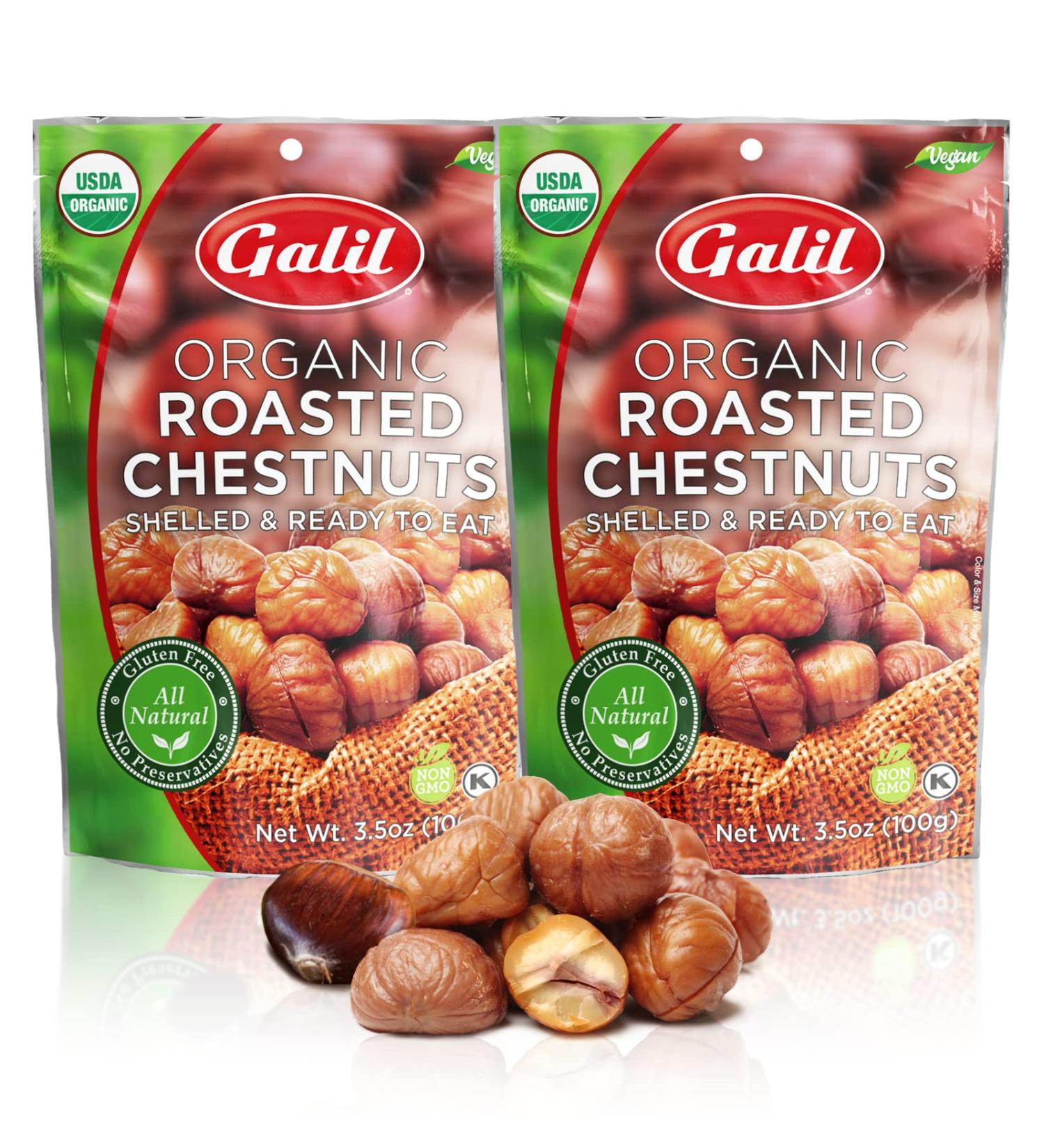 Galil Organic Roasted Chestnuts Pack of 2 - Shelled & Ready to Eat - Gluten Free Vegan Non-GMO Snacks - Ideal for Baking & Cooking - 3.5oz Bags - Buy Online on SooperMarket.com