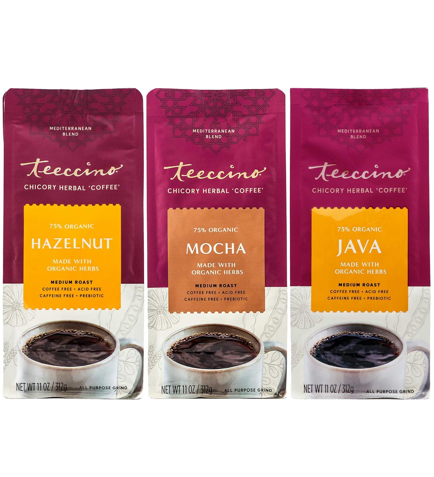 Teeccino Herbal Coffee Variety Pack - Hazelnut, Mocha, & Java - 11oz Dark Roast Ground Herbal Coffee Bundle - Prebiotic, Caffeine-Free, Acid-Free (Pack of 3) - Buy Online on SooperMarket.com