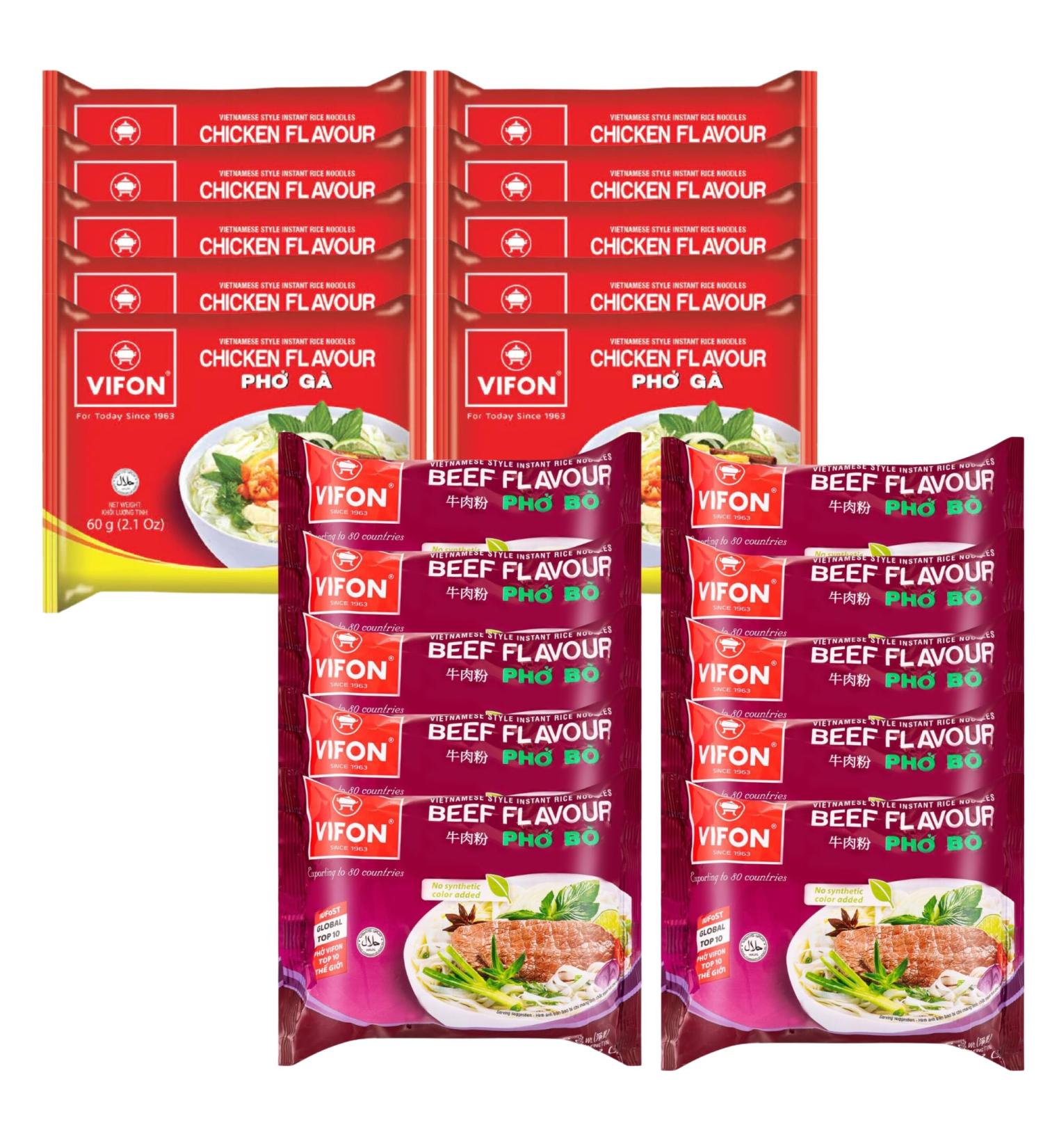 Vifon Vietnamese Style Instant Rice Noodles Beef & Chicken Flavour (Pho Bo & Pho Ga) 60g (Pack of 20) - Buy Online on SooperMarket.com