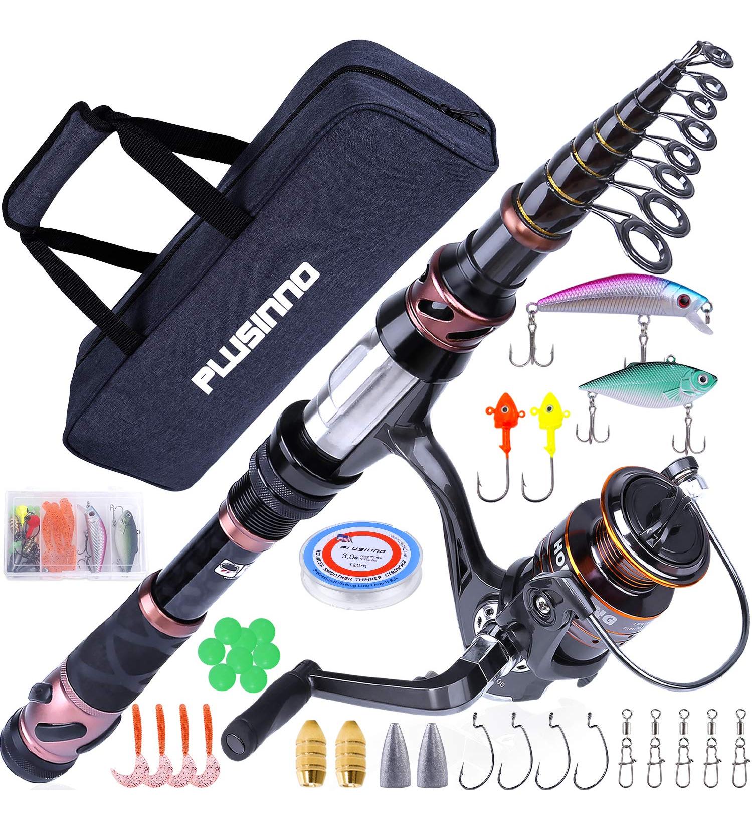 PLUSINNO Fishing Rod and Reel Combo - Carbon Fiber Telescopic Pole, Spinning Reel 12+1 Bearings, X-Full Kit, 2.7M, with Carrier Bag - Buy Online on SooperMarket.com