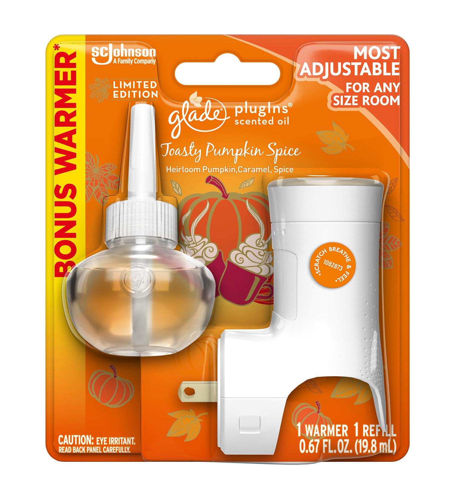 Glade PlugIns Refills Air Freshener Starter Kit Scented and Essential Oils for Home and Bathroom Toasty Pumpkin Spice 0.67 Fl Oz 1 Warmer + 1 Refill