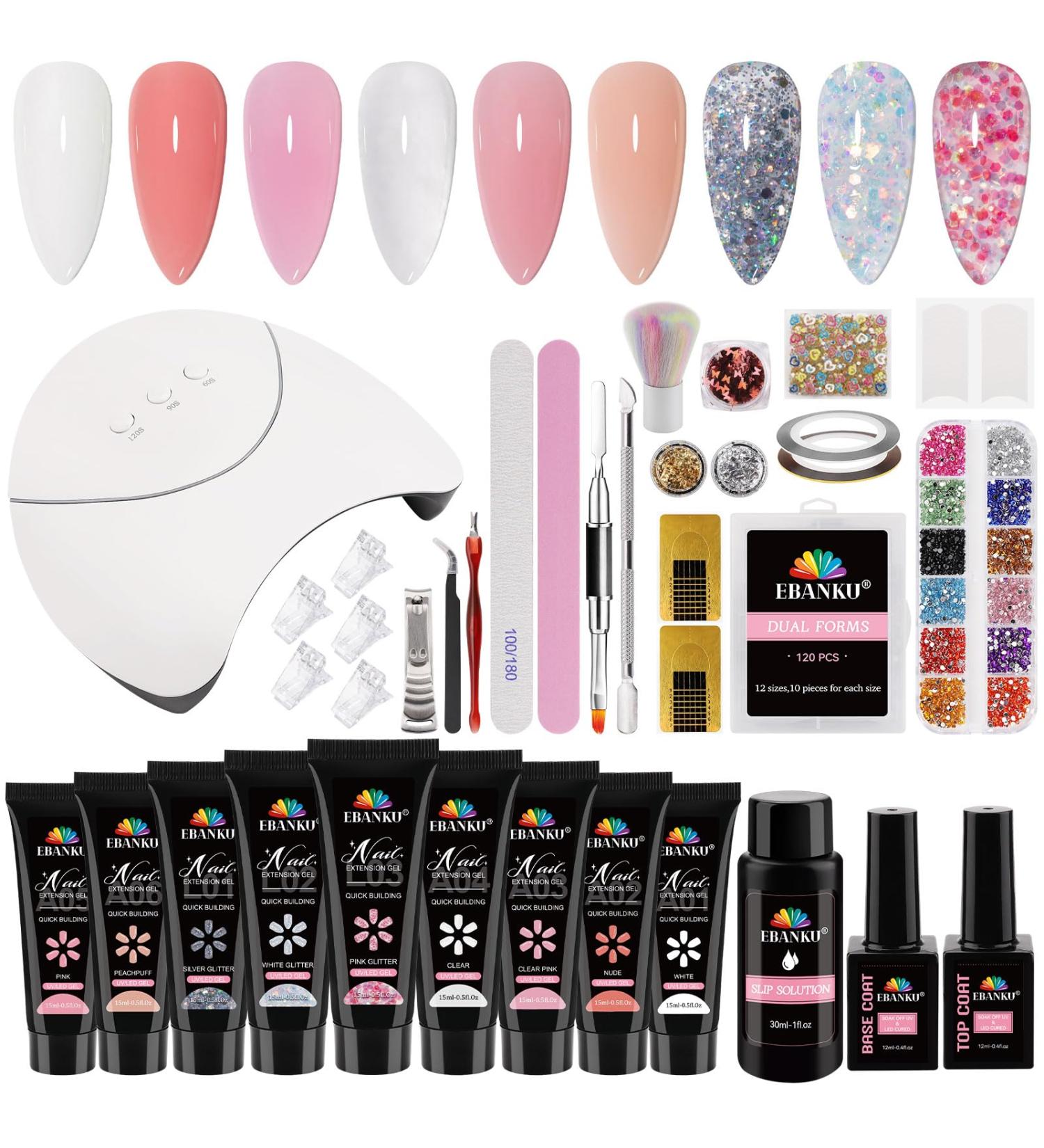 EBANKU Poly Nail Gel Kit 9 Colors Nail Extension Gel Builder Gel Kit with Lamp False Nail Tips Slip Solution Complete Poly Gel Beginner Starter Kit for Women Manicure - Buy Online on SooperMarket.com
