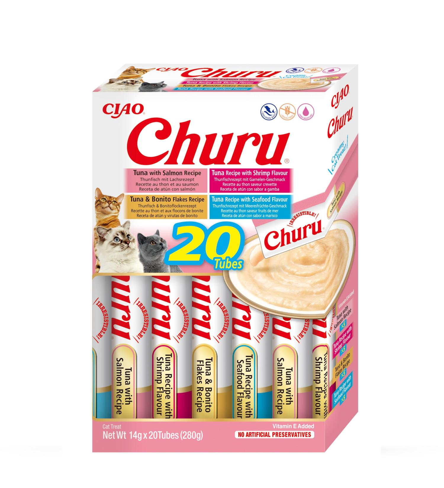 Inaba Churu Puree Multipack - 20 Tubes (5 Tuna with Salmon 5 Tuna with Shrimp 5 Tuna with Bonito Flakes 5 Tuna with Seafood) - Ideal for Cats - International Shipping Available - Buy Online on SooperMarket.com