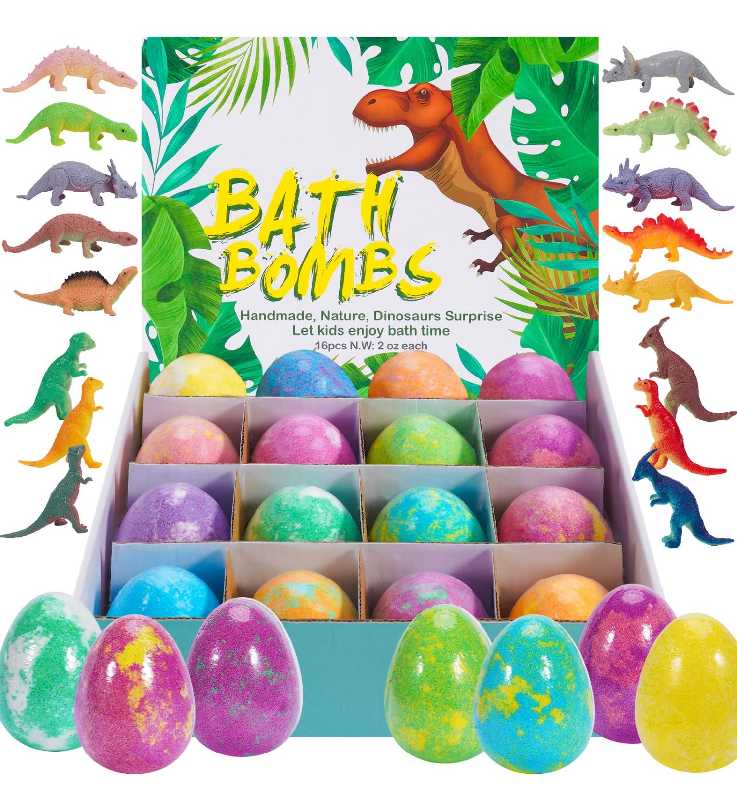 Dino Egg Bath Bombs for Kids - 16 Pack with Toys Inside Surprise | Vegan Essential Oil Spa Fizzies for Boys, Girls, Women | Skin Moisturizing Bubble Bath Bombs - Buy Online on SooperMarket.com