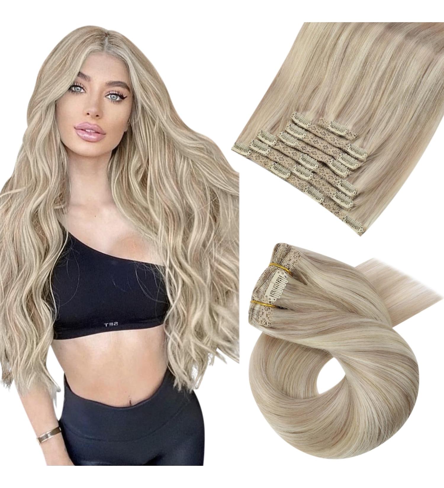 Moresoo 20 Inch Blonde Clip in Hair Extensions - Ash Blonde with Platinum Blonde Highlights - 100% Real Human Hair - 7 Pieces/120g #P18/613 - Buy Online on SooperMarket.com