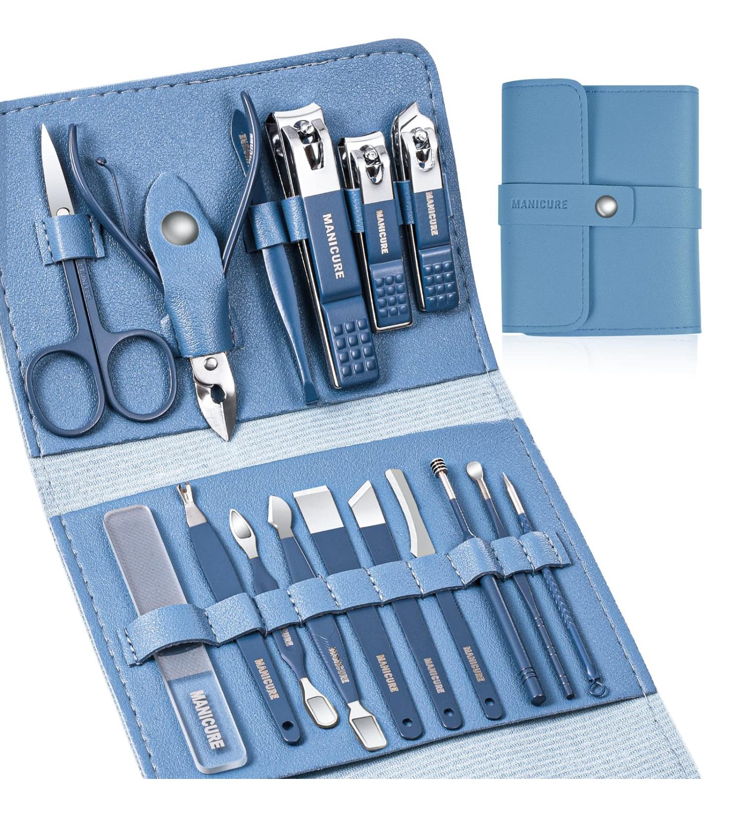 Sumwitum 16 PCS Manicure Set - Stainless Steel Professional Nail Care Kit with Leather Case - Great Gift for Women, Men, Friends, Parents - Blue - Buy Online on SooperMarket.com
