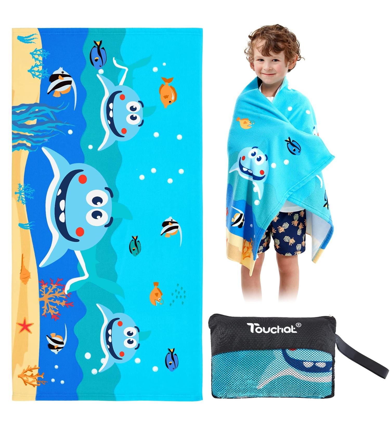 Kids Beach Towel - Super Absorbent Quick Dry Microfiber - Cute Shark Design - 24''x 48'' - 300GSM Thick Soft - Sand Free - Ideal for Beach, Pool, Swim, Bath, Travel, Picnic, Camping - Boys and Girls - Buy Online on SooperMarket.com