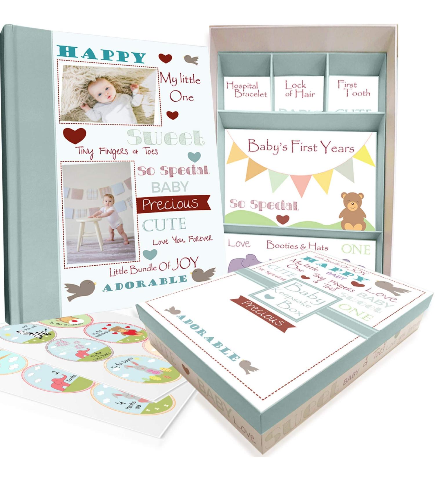 Baby Memory Book w/Keepsake Box & 30 Monthly & Baby First Milestone Stickers - Gender Neutral First Year Scrapbook Journal - Baby Photo Album for Boys & Girls - Buy Online on SooperMarket.com