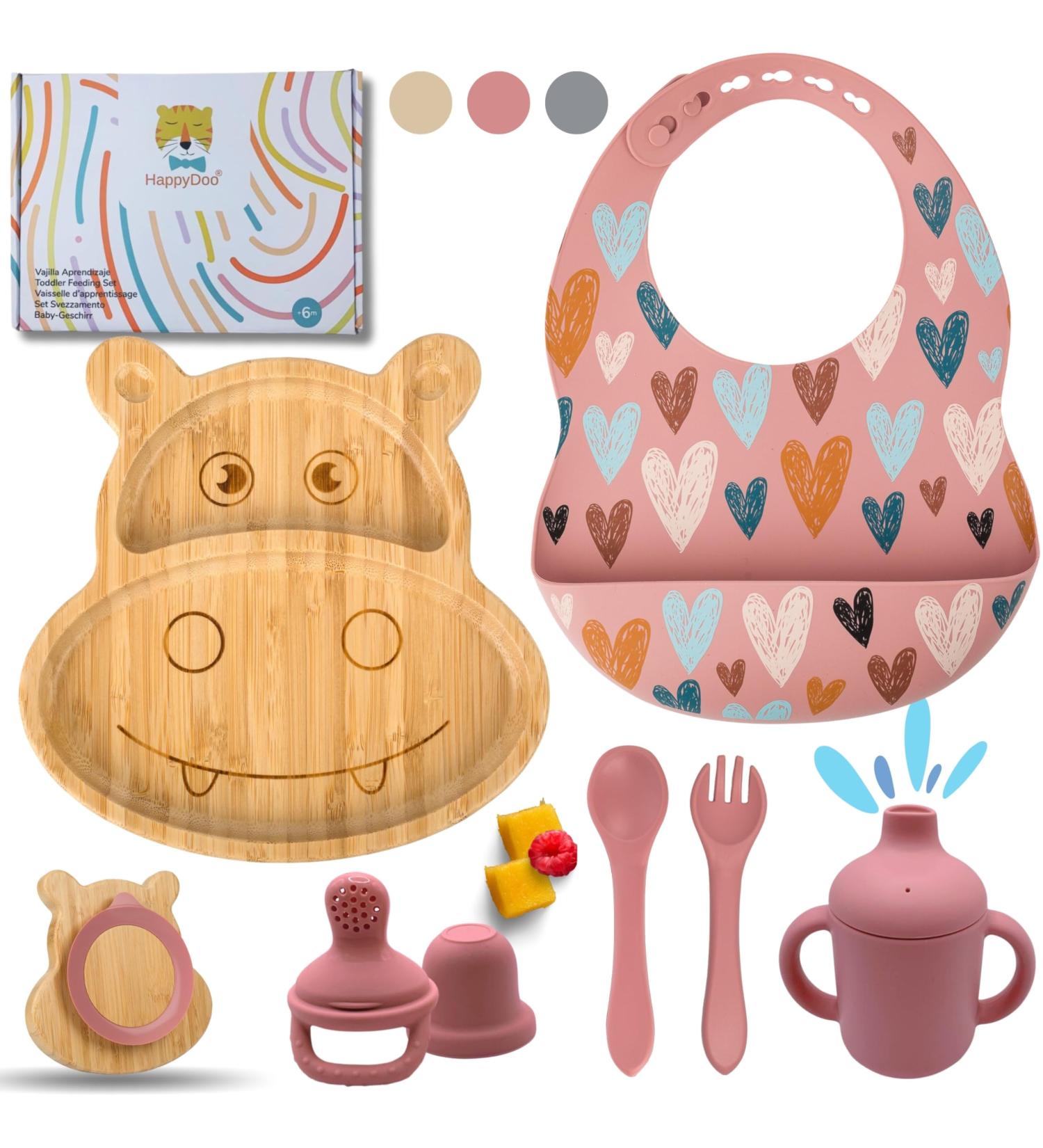 Happydoo Baby Dishes Set - 9 Pieces Bamboo Plates with Suction Cups | BPA Free Baby Tableware Gift Box - Pink Hippopotamus - Buy Online on SooperMarket.com