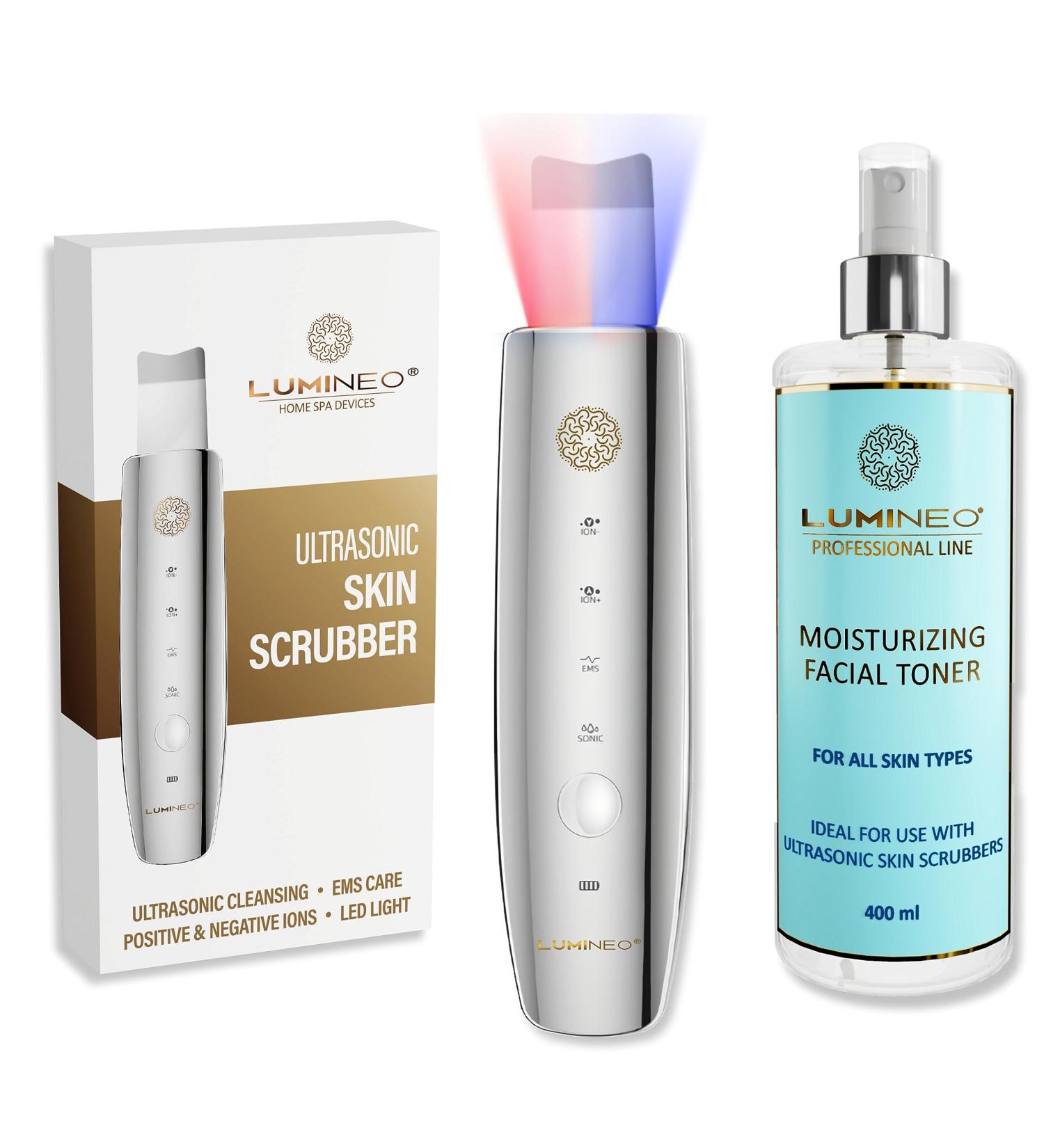Lumineo Ultrasound Peeling Device - 4-in-1 Skin Scrubber Blackhead Remover EMS LED & Ions with 400ml Moisturizing Toner | Best Acne & Pore Cleaner - Buy Online on SooperMarket.com