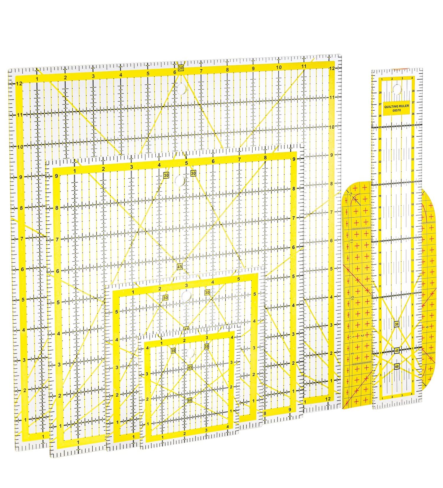 Suwimut Set of 6 Acrylic Quilting Ruler - Transparent Square Quilter Ruler for Fabric Cutting and Sewing - Ironing Ruler with Double Colored Grid Lines - Buy Online on SooperMarket.com