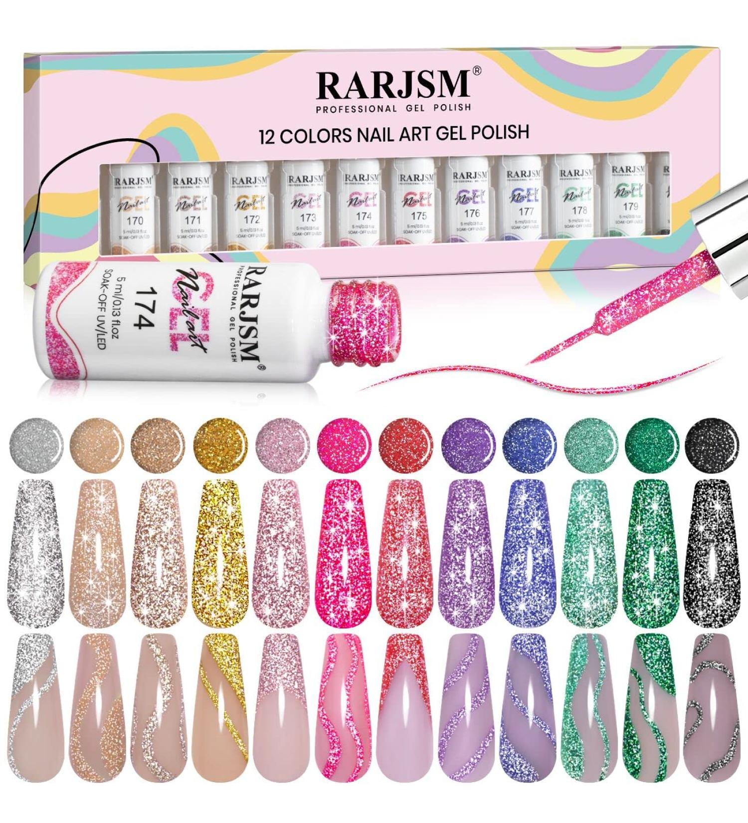 RARJSM Reflective Glitter Nail Art Gel Liner - 12 Colors 5ml Sparkle Gel Polish Set for Nail Design - Buy Online on SooperMarket.com