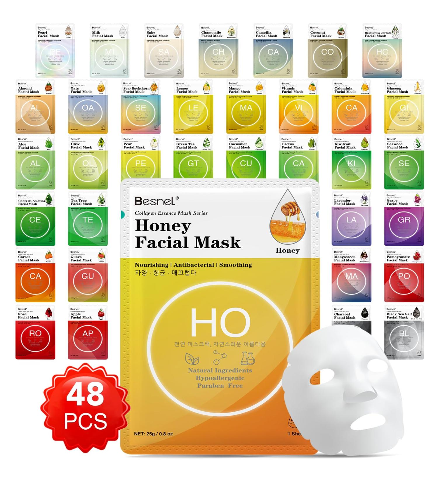 Besnel Collagen Facial Masks - 48 Pack, Plant Extract & Sodium Hyaluronate, for All Skin Types, Korean Spa Face Mask - Buy Online on SooperMarket.com