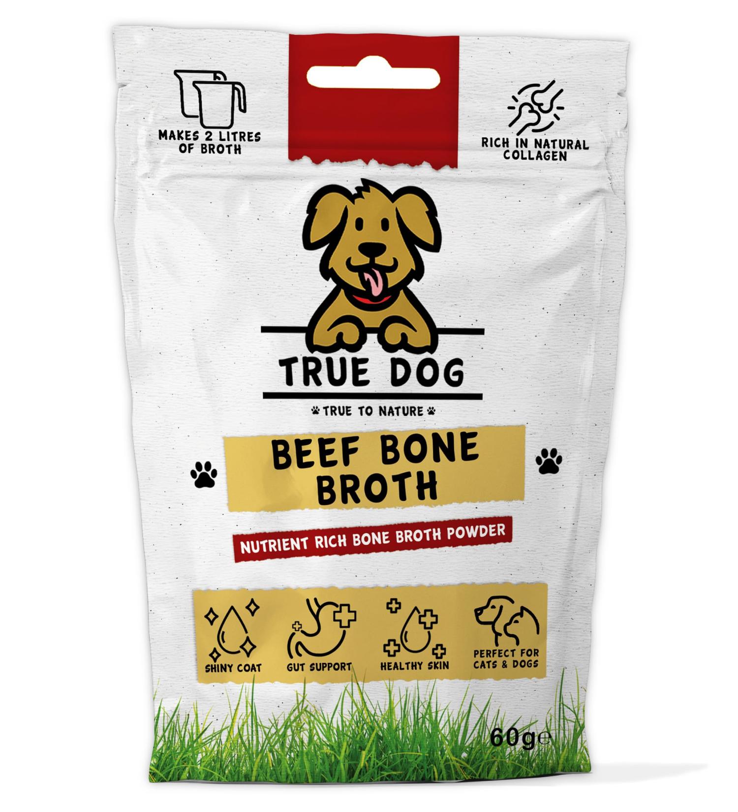 True Dog Beef Bone Broth Powder 100% Pure Broth Protein Powder for Cats & Dogs | Joint Digestion & Gut support | Makes 2ltrs | High in Type II Collagen | 20 Servings 60g - Buy Online on SooperMarket.com