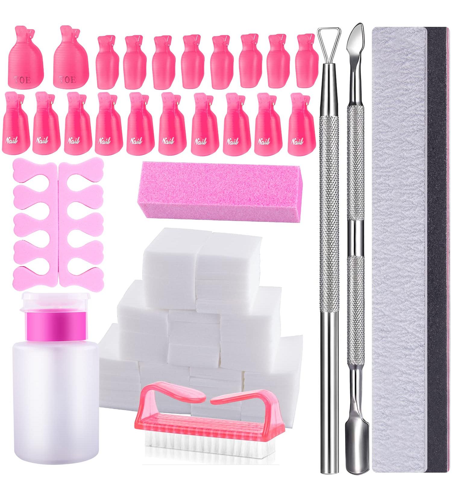 Siquk Gel Nail Polish Remover Kit - 20 Nail Clips, 2 Nail Files, 2 Cuticle Pushers, 600 Cotton Pads, Nail Brush, Grinding Block, Toe Separator - Pink - Buy Online on SooperMarket.com