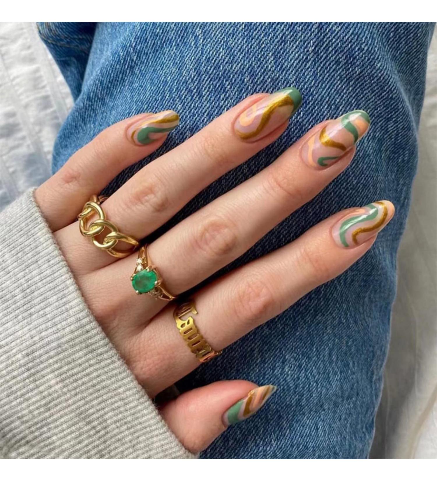 Justotry 24 Pcs Wavy Almond Short False Nails - Gold and Teal French Press On Nails | Trendy Fake Nails with Nail Glue | Nude Oval Medium Stick On Nails for Women - Buy Online on SooperMarket.com
