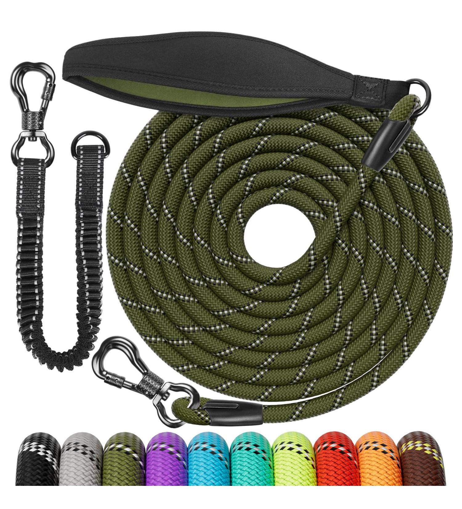 Shop Aystkniet Bungee Drag Line for Dogs | Shock-Absorbing Leash with Padded Handle | 3m to 30m Options | Ideal for Medium & Large Dogs | Reflective & Lockable | Army Green - Buy Online on SooperMarket.com