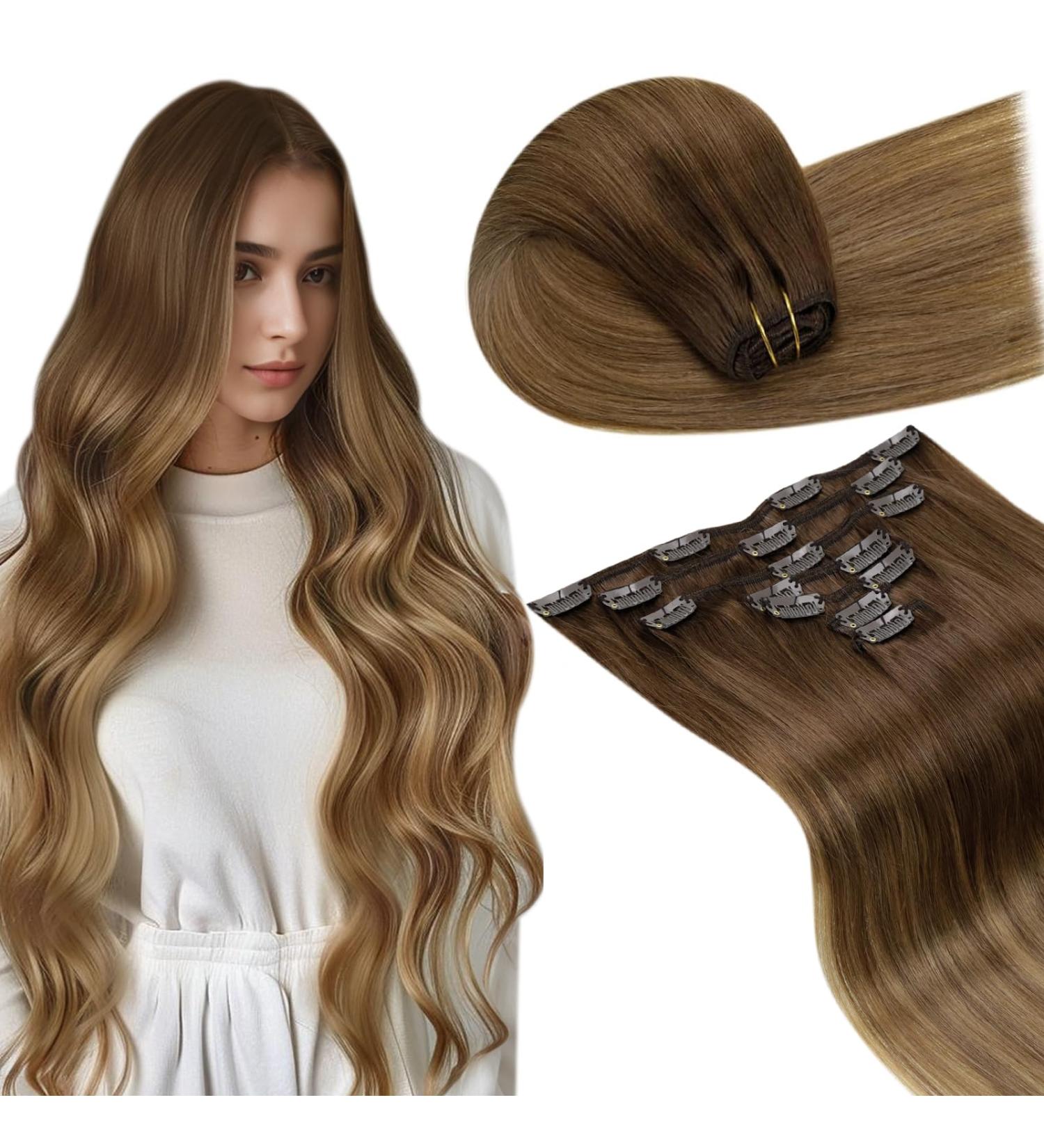 Laavoo Real Hair Ombre Clip-In Extensions - Medium Brown Balayage Dark Blonde Remy 105g 7 Pieces 55cm - Perfect for International Shipping - Buy Online on SooperMarket.com