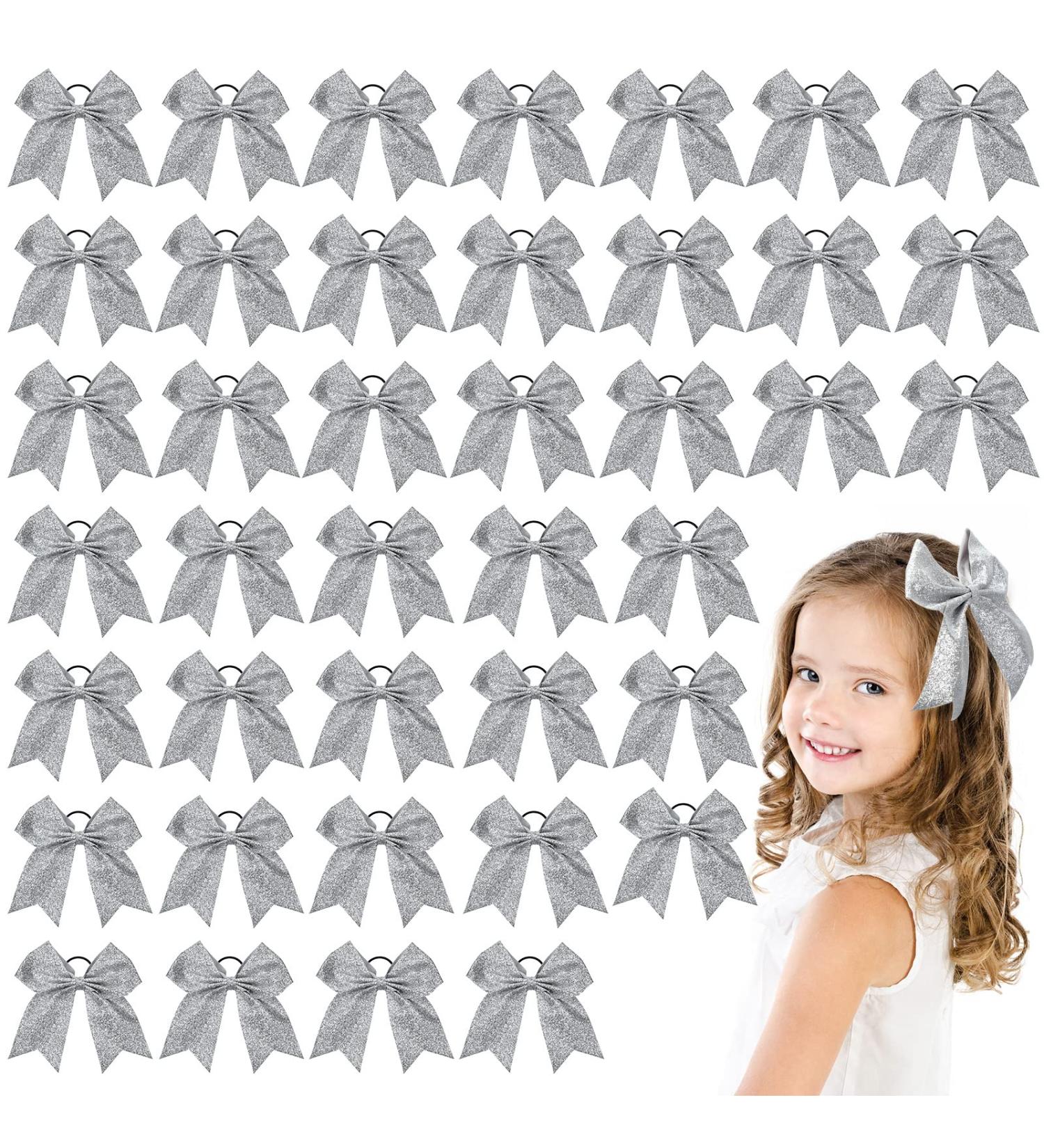 40 Pcs 8 Glitter Cheer Hair Bows Bulk - Silver Shiny Ponytail Holders for Cheerleaders - Buy Online on SooperMarket.com