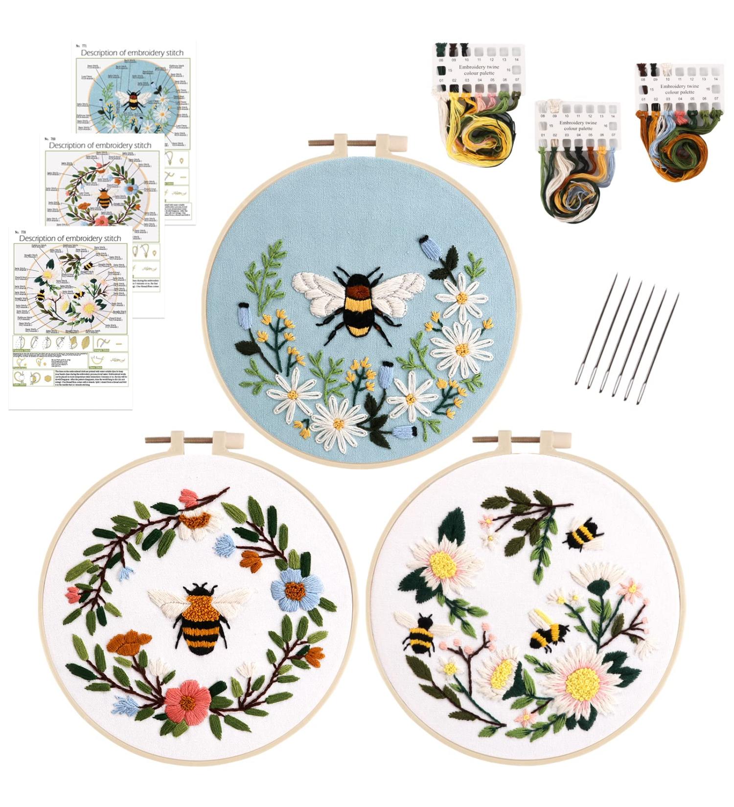 Lukinbox Embroidery Starter Kit for Beginners - 3 Cross Stitch Sets with Cute Bees and Flowers Patterns, Hoop, Threads, Needles & Instructions - Buy Online on SooperMarket.com