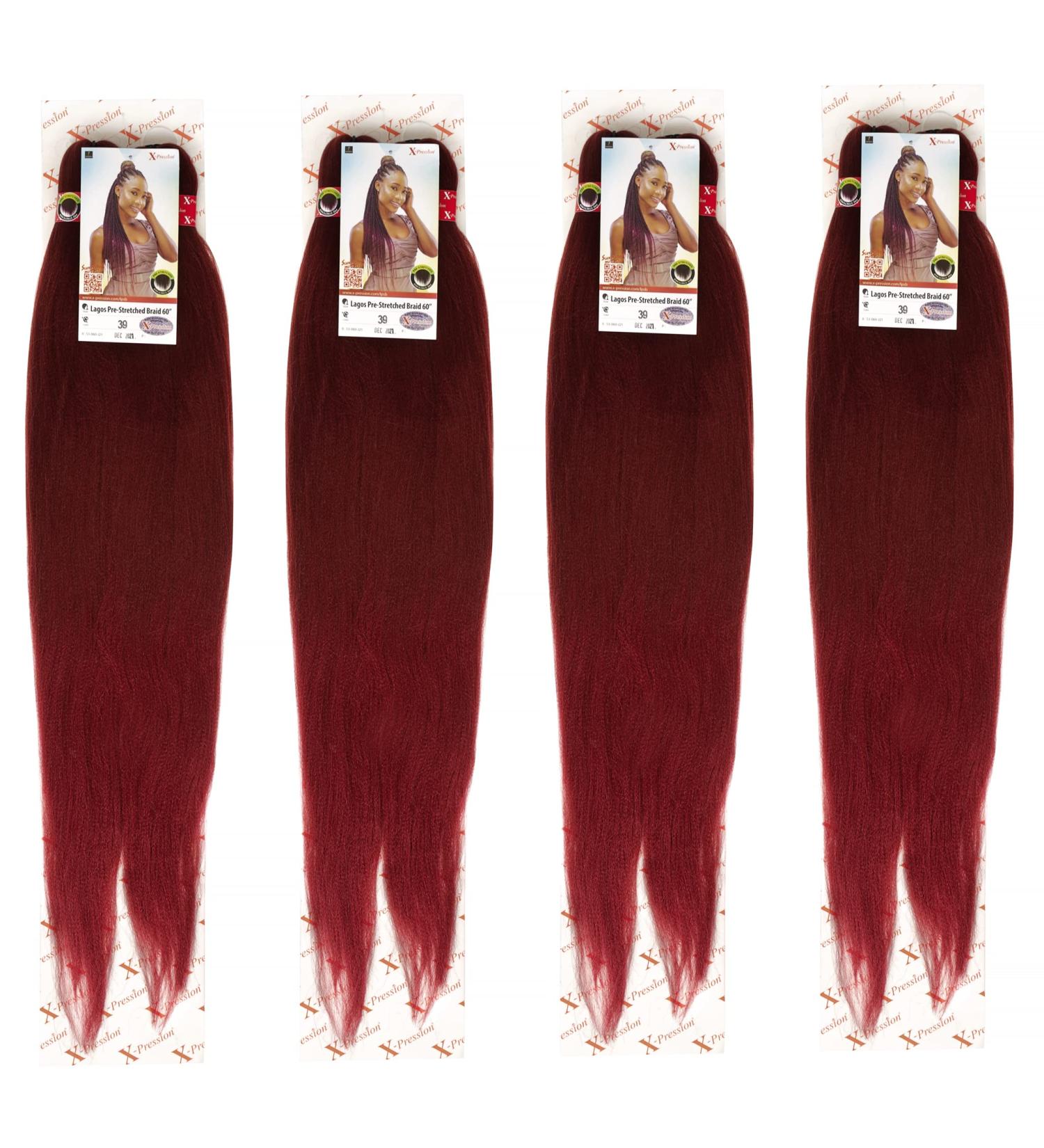 60 INCH XPRESSION LAGOS BRAID PRE-PULLED/PRES-STRETCHED Hair Extension 60 2 In A Pack (Pure Colour 39 Burgundy Red) Heat Resistant Tangle Free Brushable Burdundy Red 39 60 inches - Buy Online on SooperMarket.com