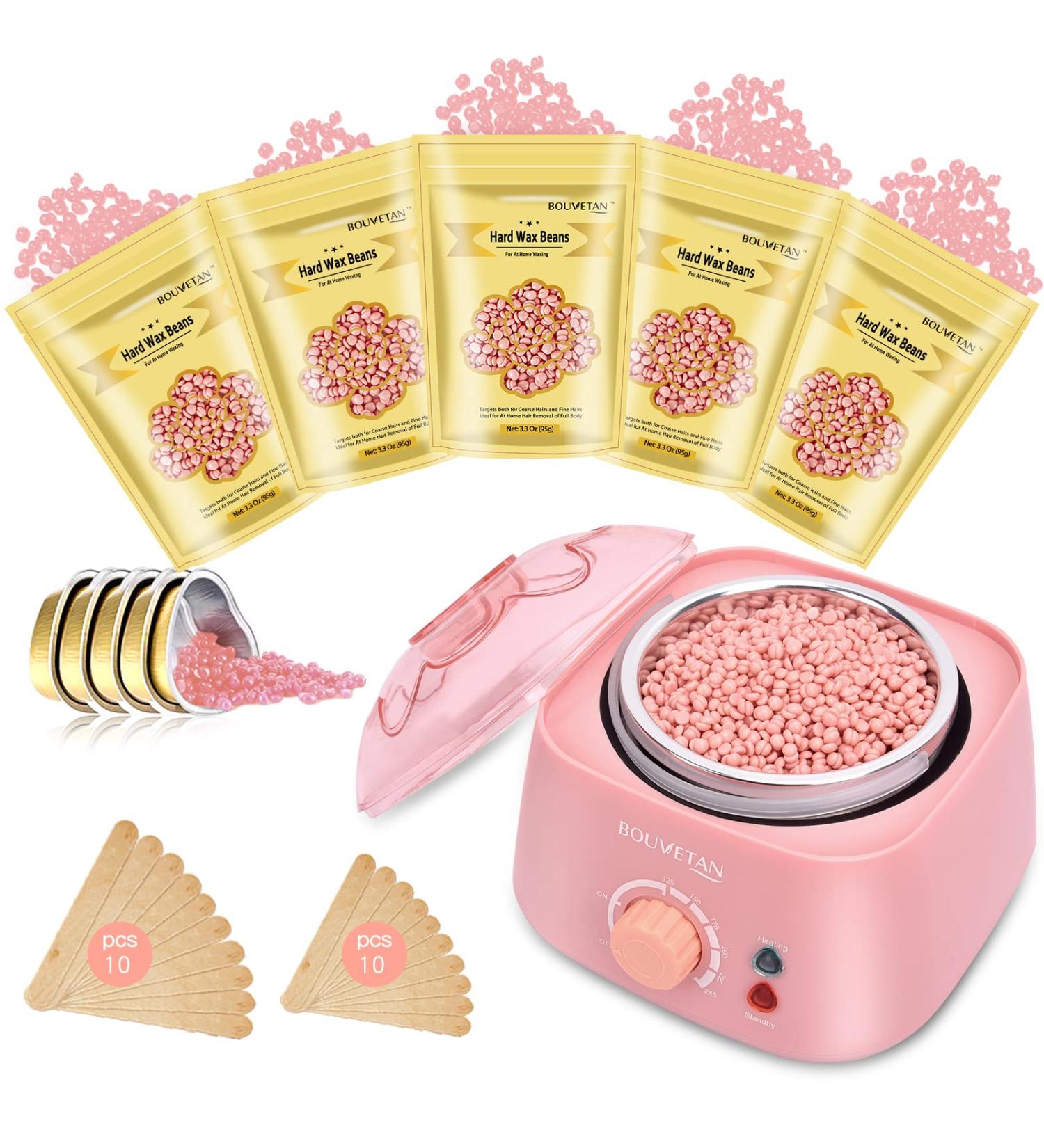 Bouvetan At-Home Waxing Kit for Women - 17.5oz Hard Wax Beads - Ideal for Face, Eyebrow, Armpit, Arms, Legs, Bikini - Includes 20 Wax Sticks - Rose Scented - Buy Online on SooperMarket.com