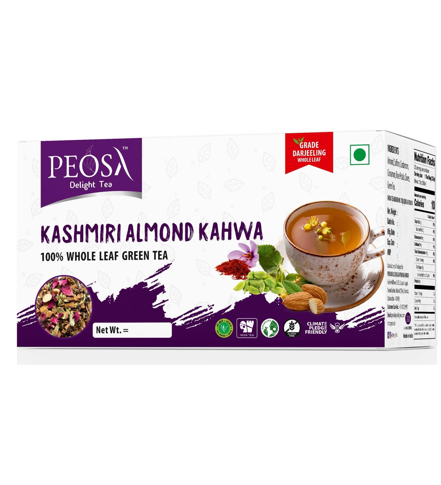 Peosa Delight Tea - Kashmiri Almond Kahwa Whole Leaf Green Tea with Saffron, Almond, Cardamom, Rose Petal - 40 Tea Bags - 3.52 Oz Box - Buy Online on SooperMarket.com