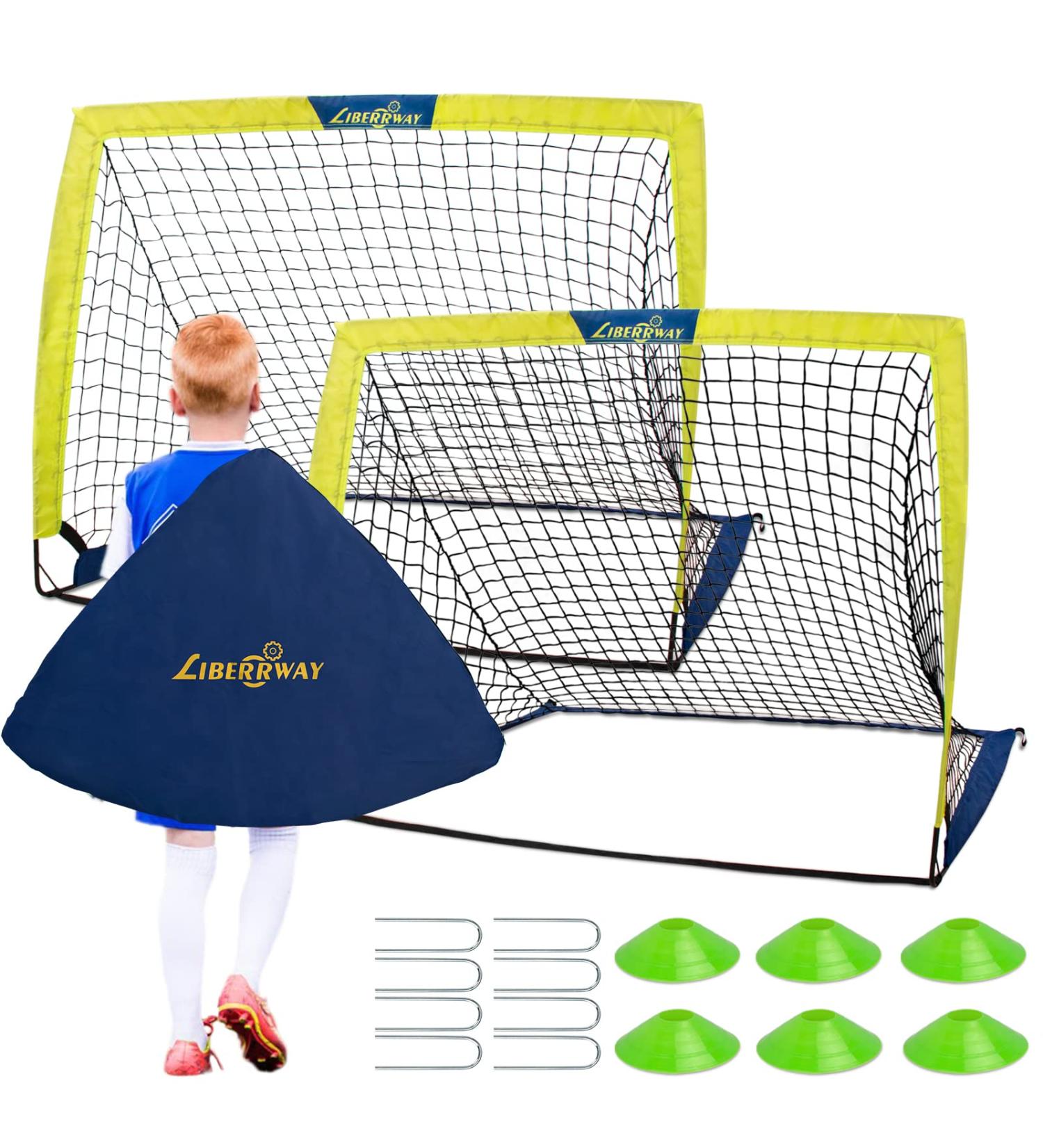 LIBERRWAY Soccer Goal 4'x 3' Portable Kids Soccer Goals for Backyard or Indoor Pop Up Soccer Net with 6 Training Cones  Carrying Bag  8 Ground Stakes  2 Set - Buy Online on SooperMarket.com