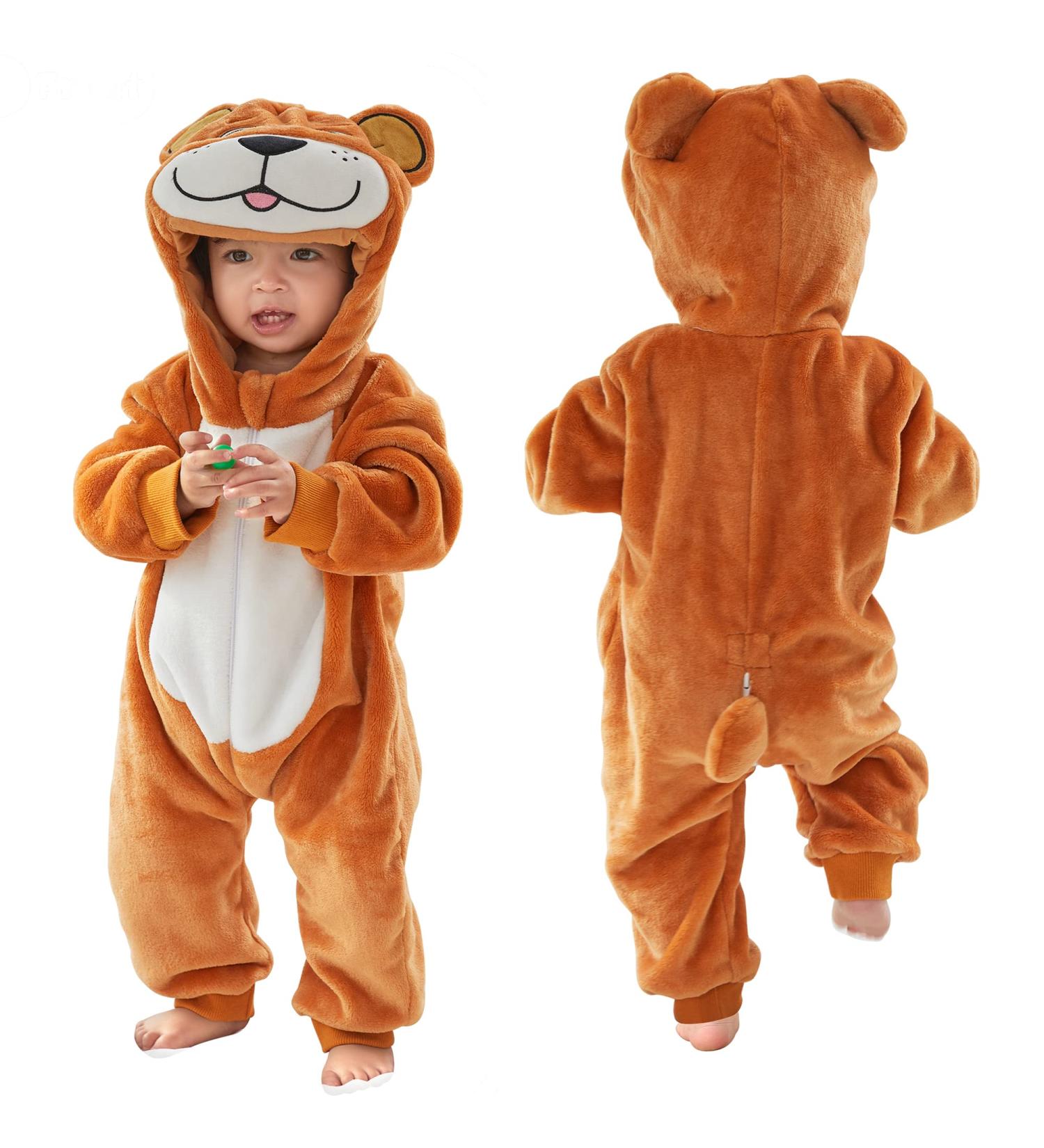 COOKY.D Baby Hooded Rompers | Winter Flannel Jumpsuit Pajamas | 24-30 Months | Brown - Buy Online on SooperMarket.com