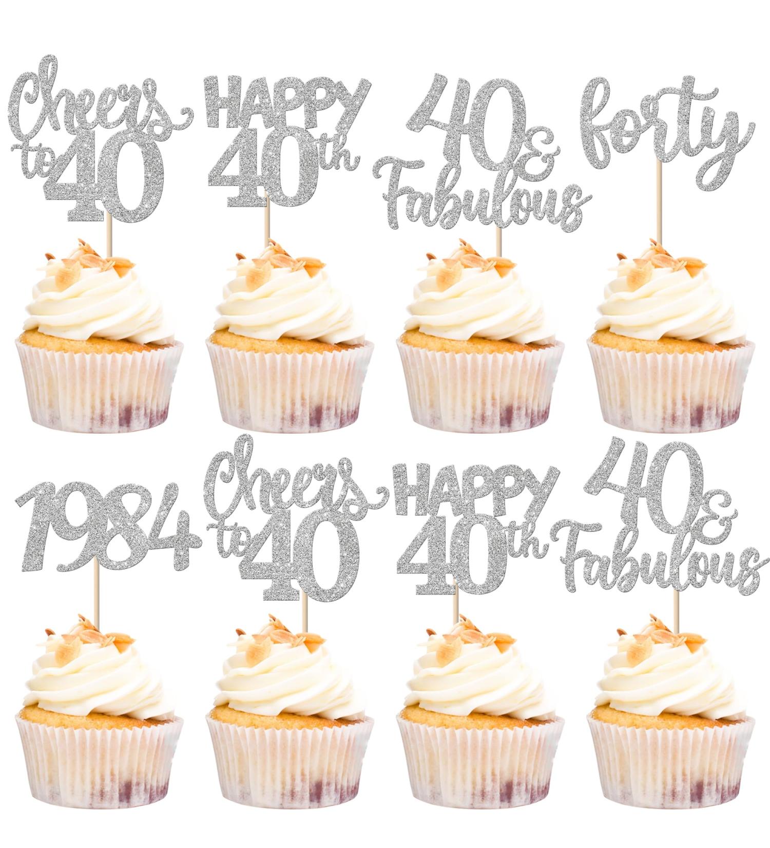 Rsstarxi 30 Pack Happy 40th Birthday Cupcake Toppers Glitter Forty Since 1984 Cheers to 40 Fabulous Cupcake Picks Decors for 40th Birthday Anniversary Party Cake Decorations Silver 40th Silver