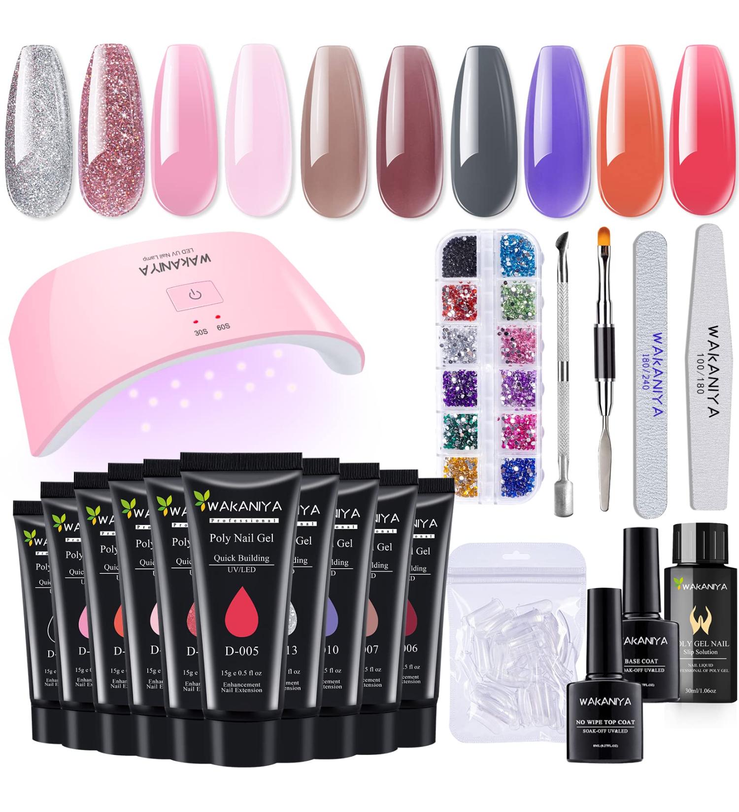Pink Nude Glitter Poly Gel Nail Kit with Lamp - Easy Quick Builder Gel with Rhinestone & Dual Forms - Complete Poly Nail Gel Kit in Nude Pink Colors - Buy Online on SooperMarket.com