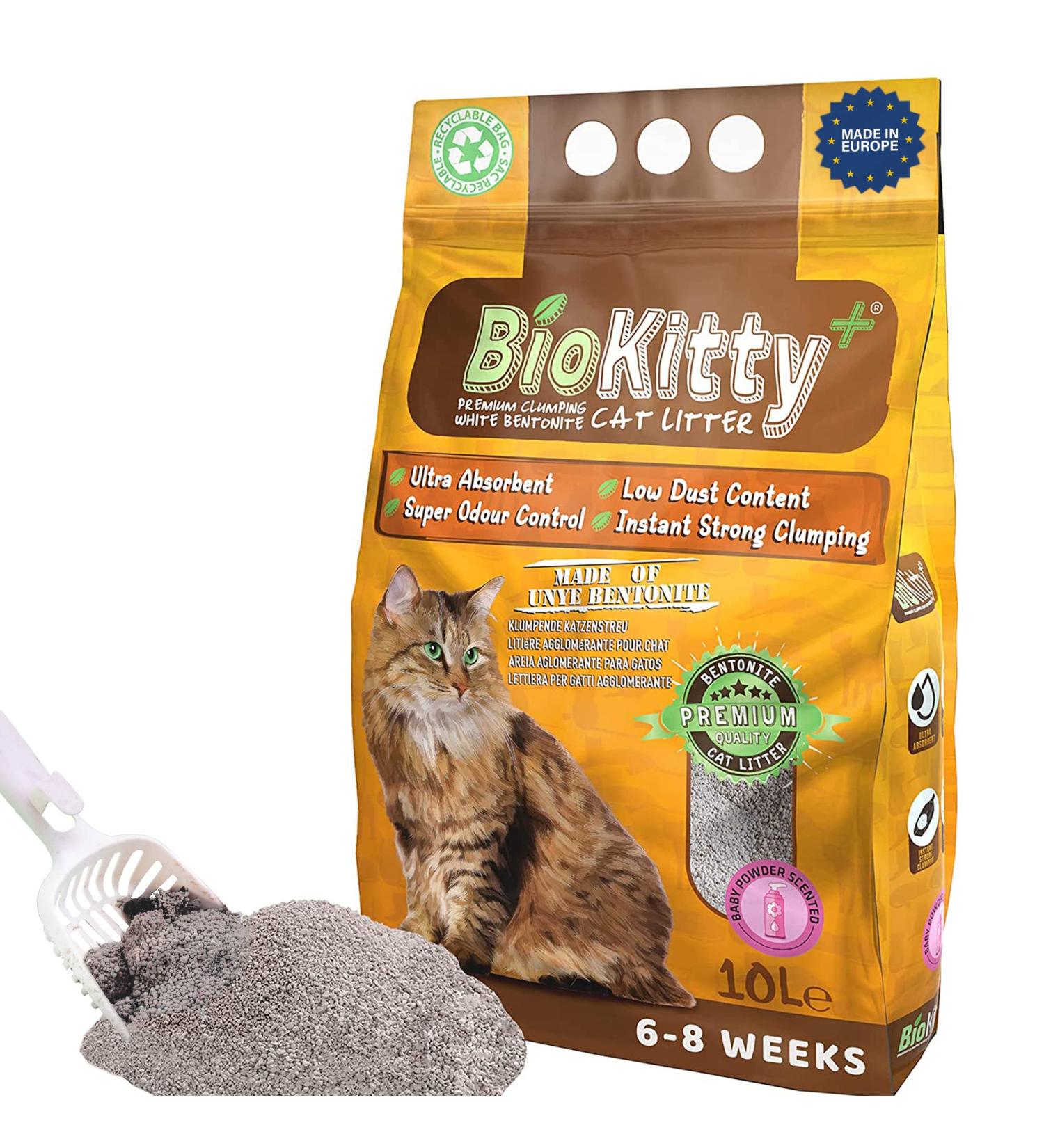 BioKitty Clumping Cat Litter Highly Absorbent Natural Mineral Bentonite Cat Sand Litter Scented Long Lasting Odour Control Cat Litter Cat Litter Clumping 10L (Baby Powder) Baby Powder Pack 1 - Buy Online on SooperMarket.com