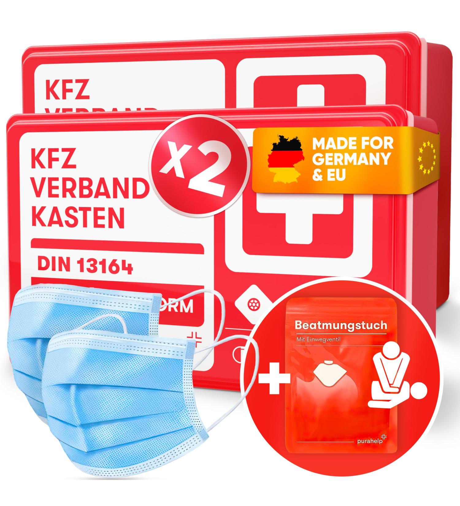 Purahelp 2x Car Bandage Box | First Aid Kit 2024 | STPO Compliant | Includes Ventilation Towel & Climbing Strips | DIN 13164 Certified - Buy Online on SooperMarket.com