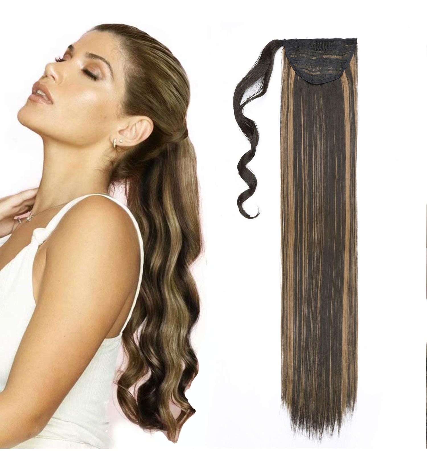 32 Inch Long Straight Ponytail Extension Wrap Around Ponytail Clip in Hairpiece Synthetic Hair Extensions for Women - Dark Brown mix Sandy Blonde - Buy Online on SooperMarket.com
