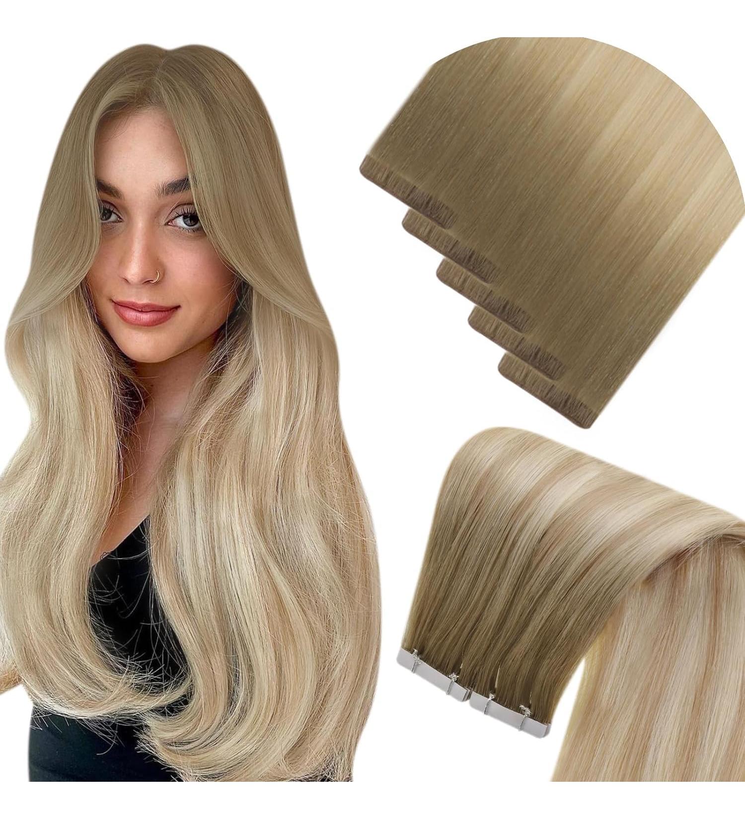 Laavoo real hair tape extensions injection ombre brown extensions real hair tape virgin brown injection tapes real hair extension mental hair brown balayage blond with platinum blond #8/26/60 22ZOL 12.5G 55cm-5Pcs 4.4virgin #8/27/60