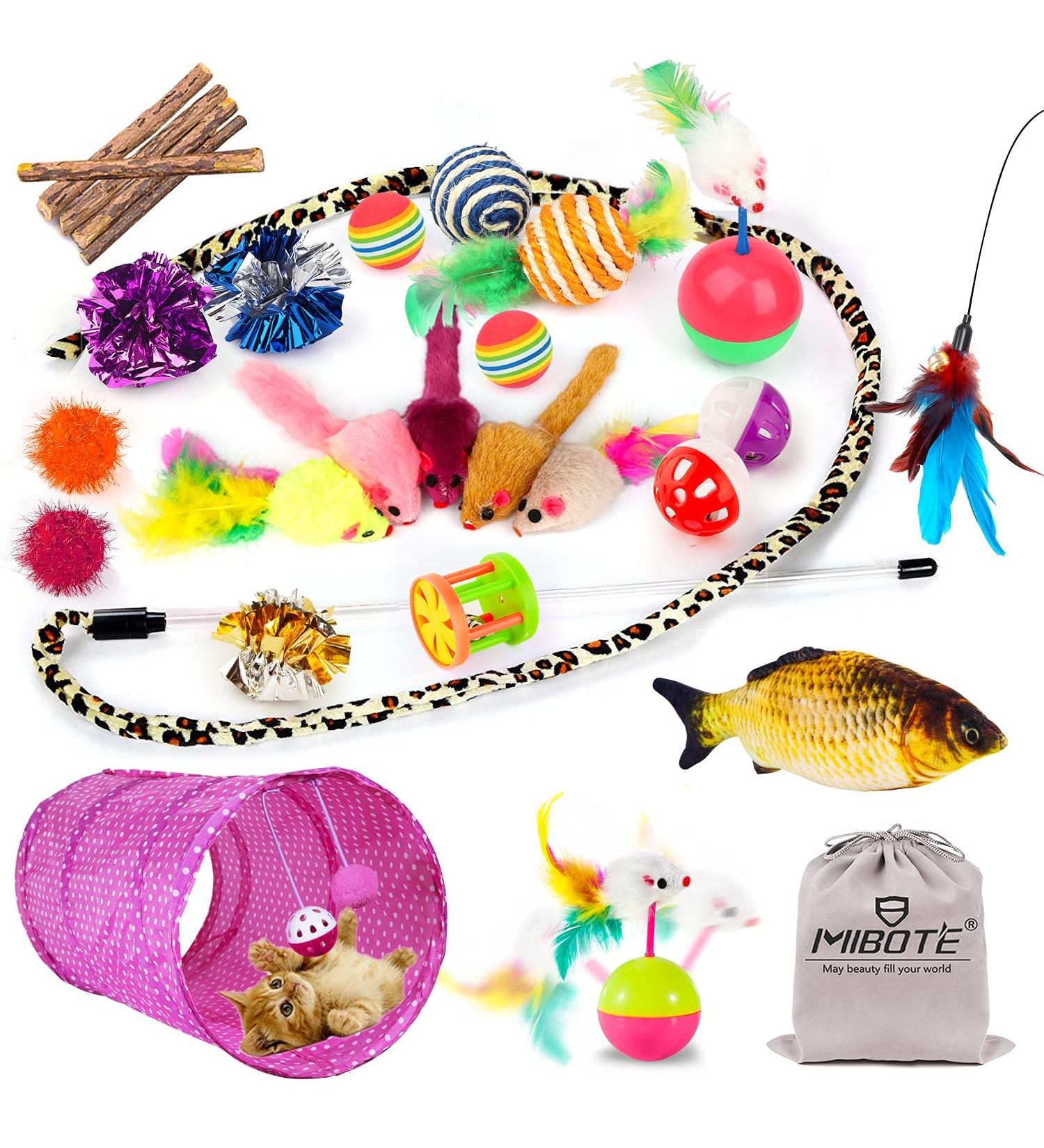 MIBOTE 28Pcs Cat Toys Set - Cat Tunnel, Catnip Fish, Feather Teaser Wand, Fluffy Mouse, Balls and Bells - Perfect Variety Pack for Cat and Kitten Entertainment - Buy Online on SooperMarket.com